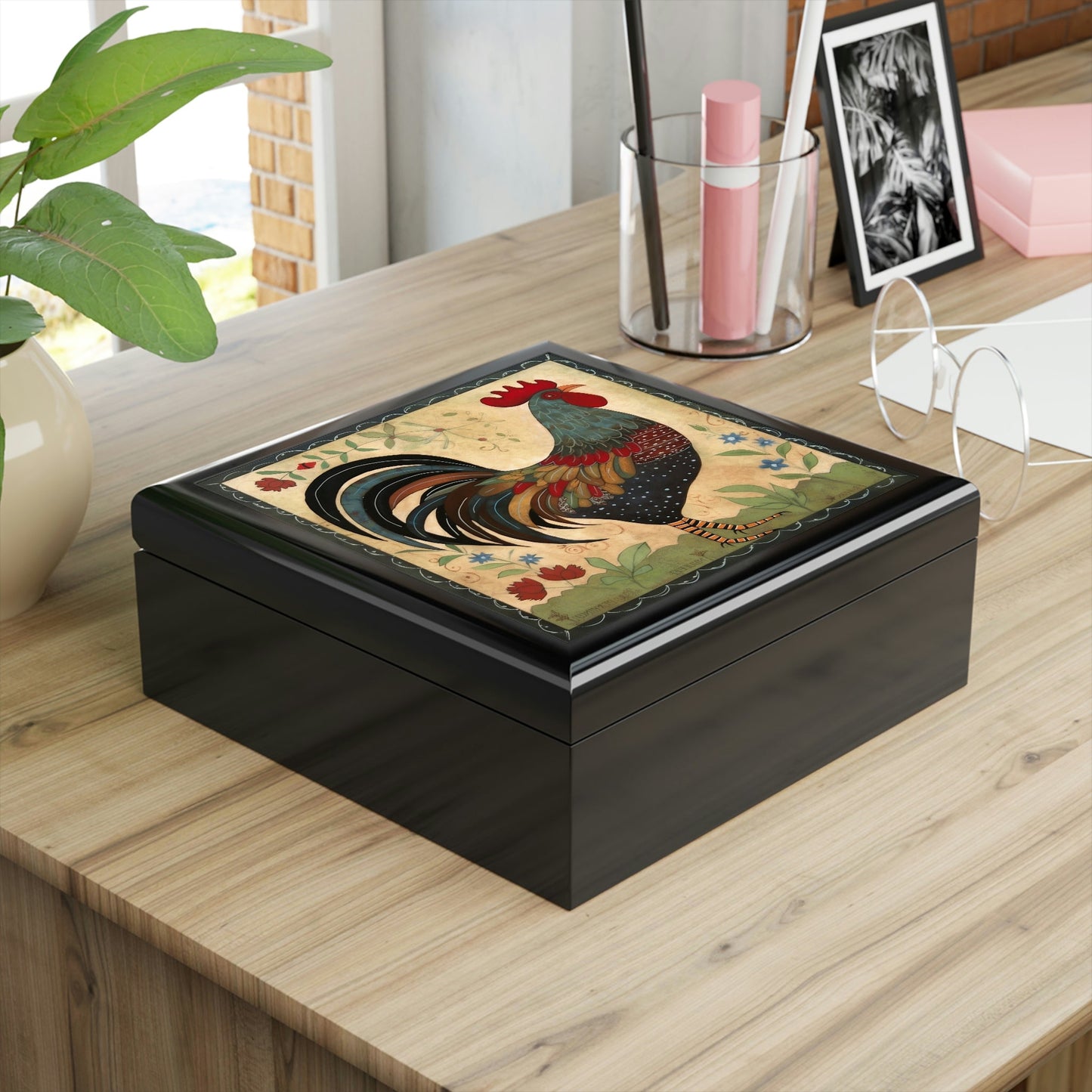 Rustic Folk Art Rooster Design Wooden Keepsake Jewelry Box