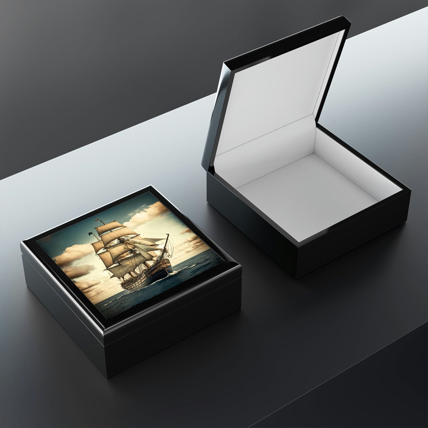 Tall Ship Wood Keepsake Jewelry Box with Ceramic Tile Cover