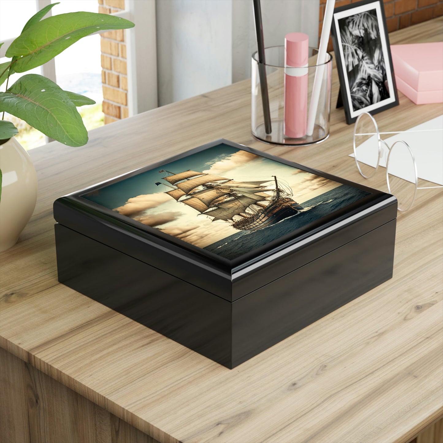 Tall Ship Wood Keepsake Jewelry Box with Ceramic Tile Cover