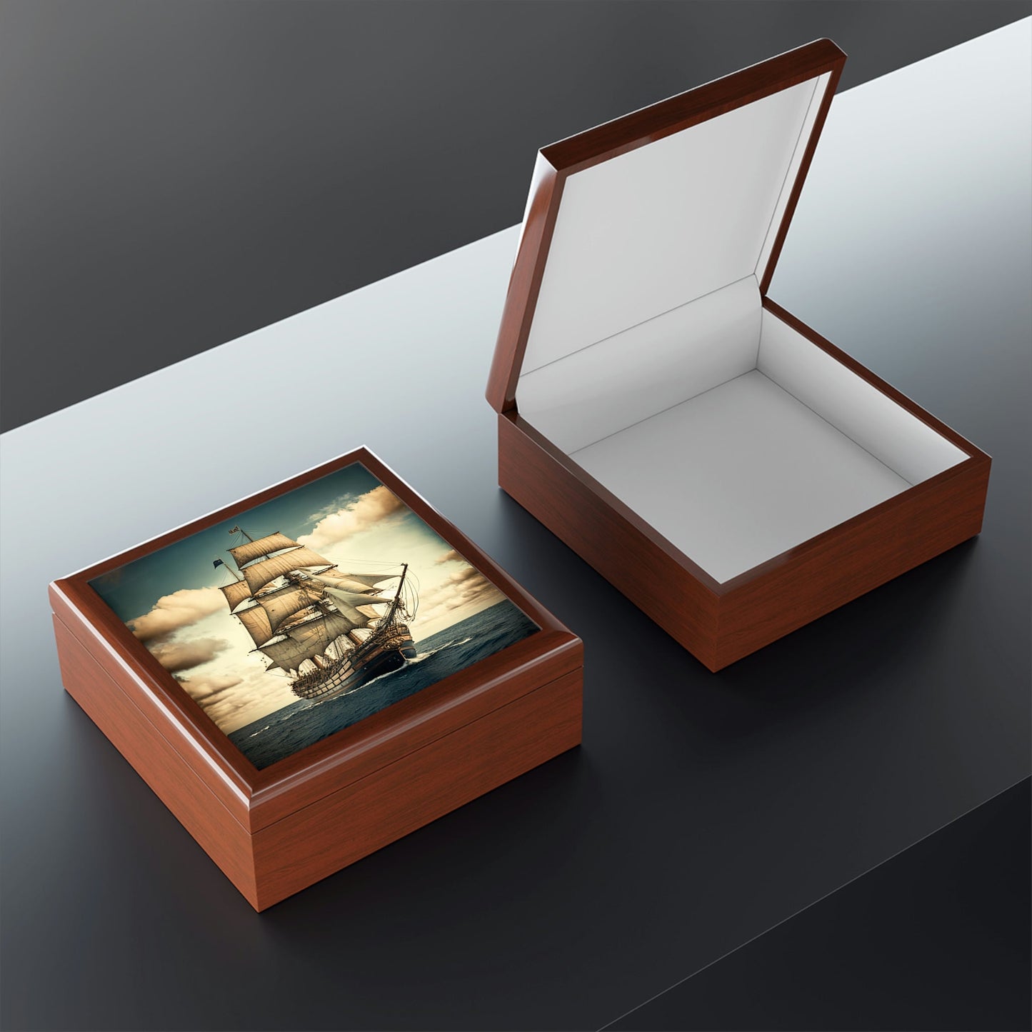 Tall Ship Wood Keepsake Jewelry Box with Ceramic Tile Cover