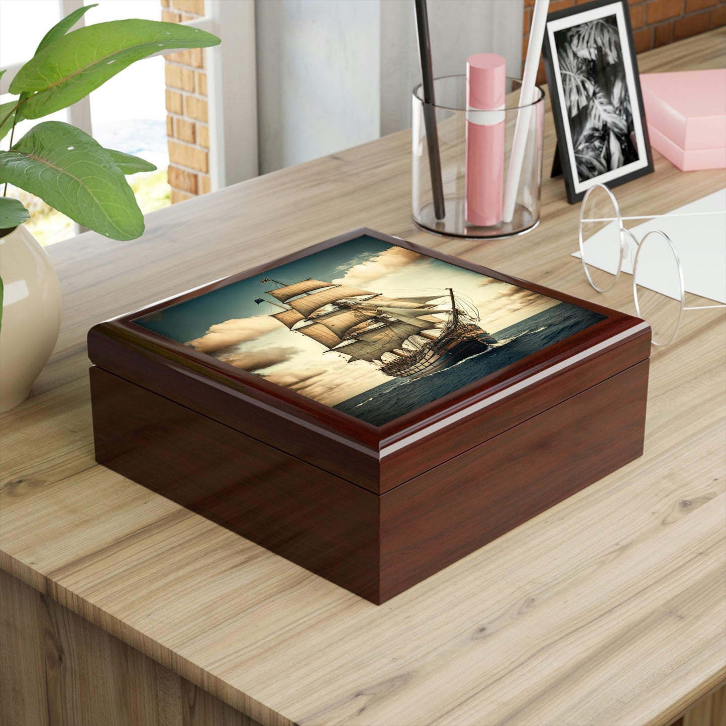Tall Ship Wood Keepsake Jewelry Box with Ceramic Tile Cover