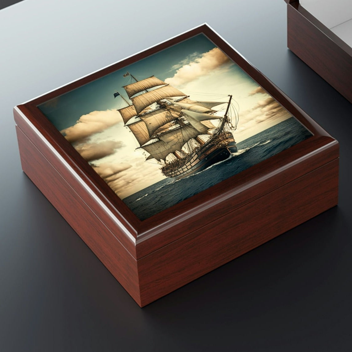 Tall Ship Wood Keepsake Jewelry Box with Ceramic Tile Cover