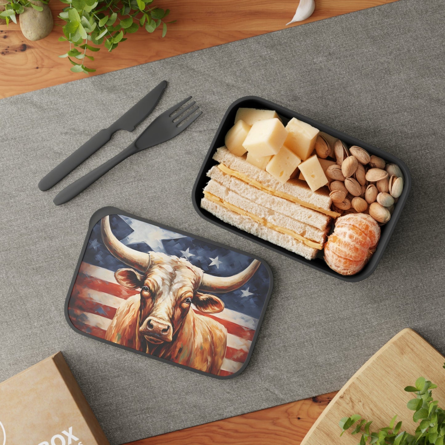Texas Longhorn in Front of Flag | PLA Bento Box with Band and Utensils