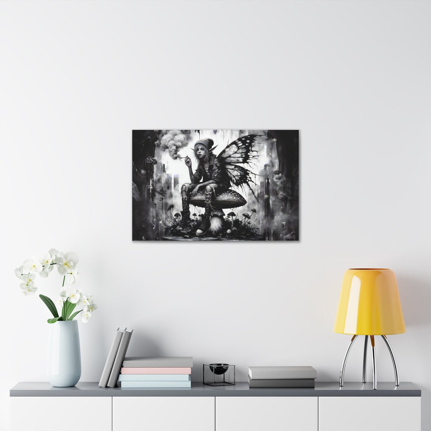Toadstool Contemplation - Grunge Fairy & Mushroom Canvas Art Print