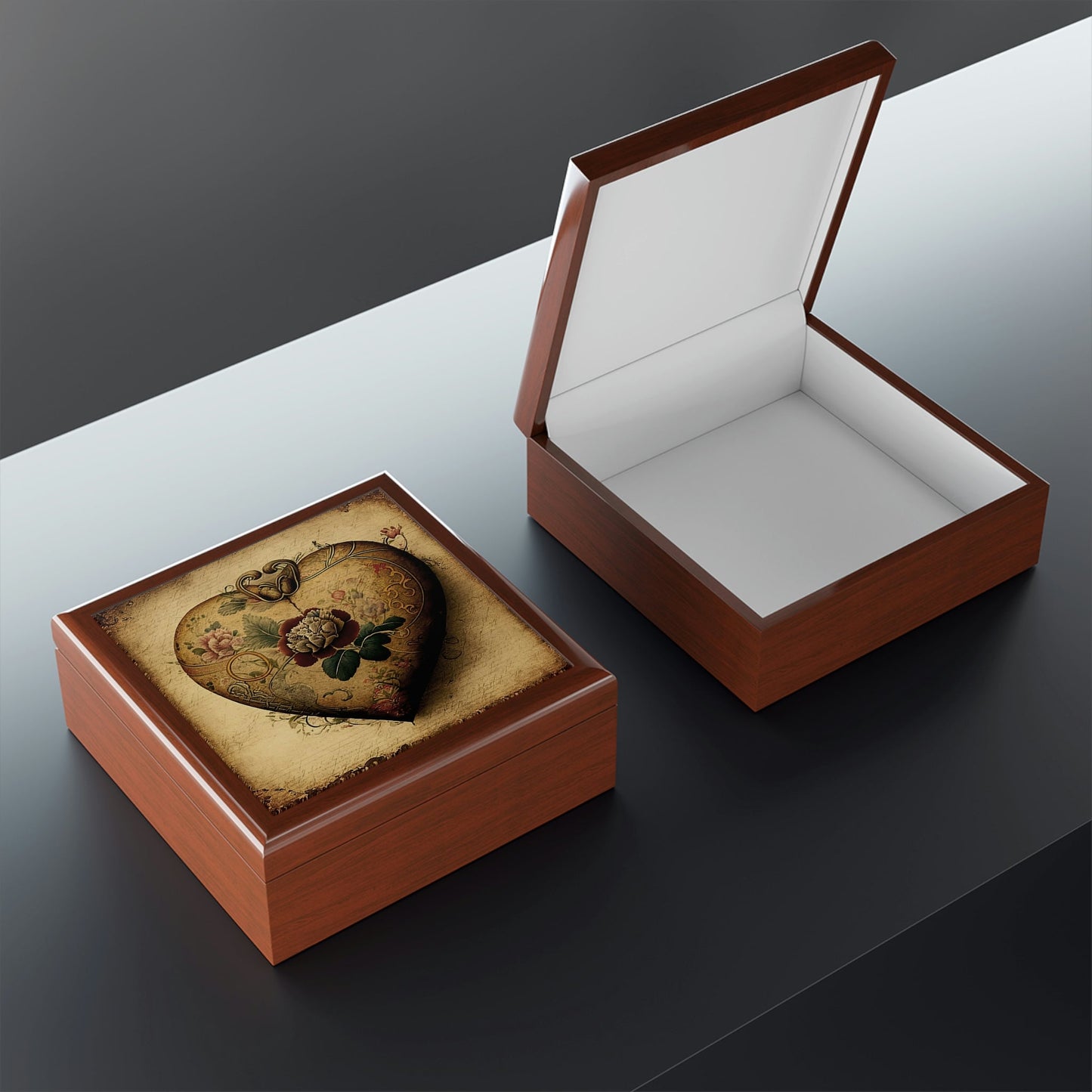 Victorian Heart Wood Keepsake Jewelry Box with Ceramic Tile Cover