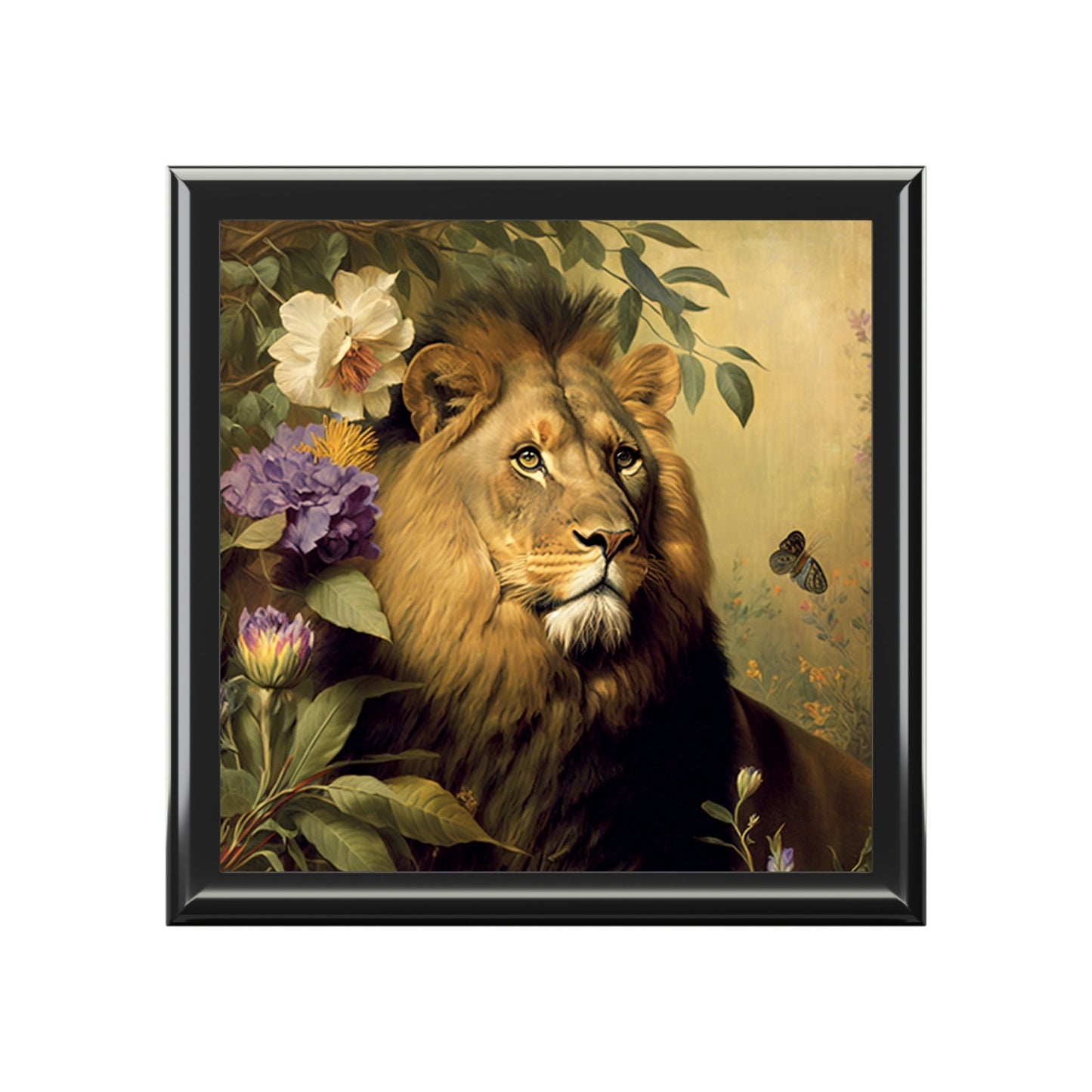 Vintage African Lion Wood Keepsake Jewelry Box with Ceramic Tile Cover