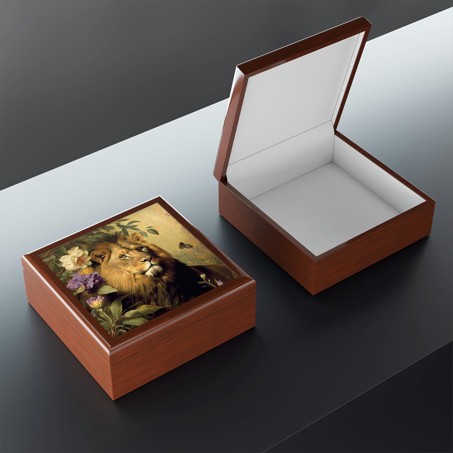 Vintage African Lion Wood Keepsake Jewelry Box with Ceramic Tile Cover