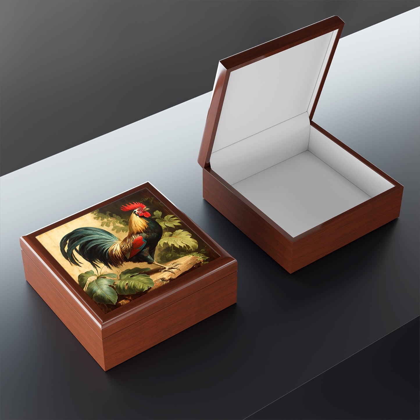 Vintage Antique Rooster Wood Keepsake Jewelry Box with Ceramic Tile Cover