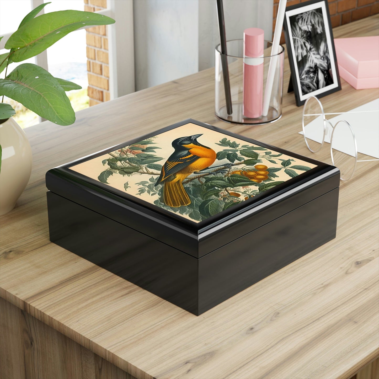 Vintage Baltimore Oriole Wood Keepsake Jewelry Box with Ceramic Tile Cover