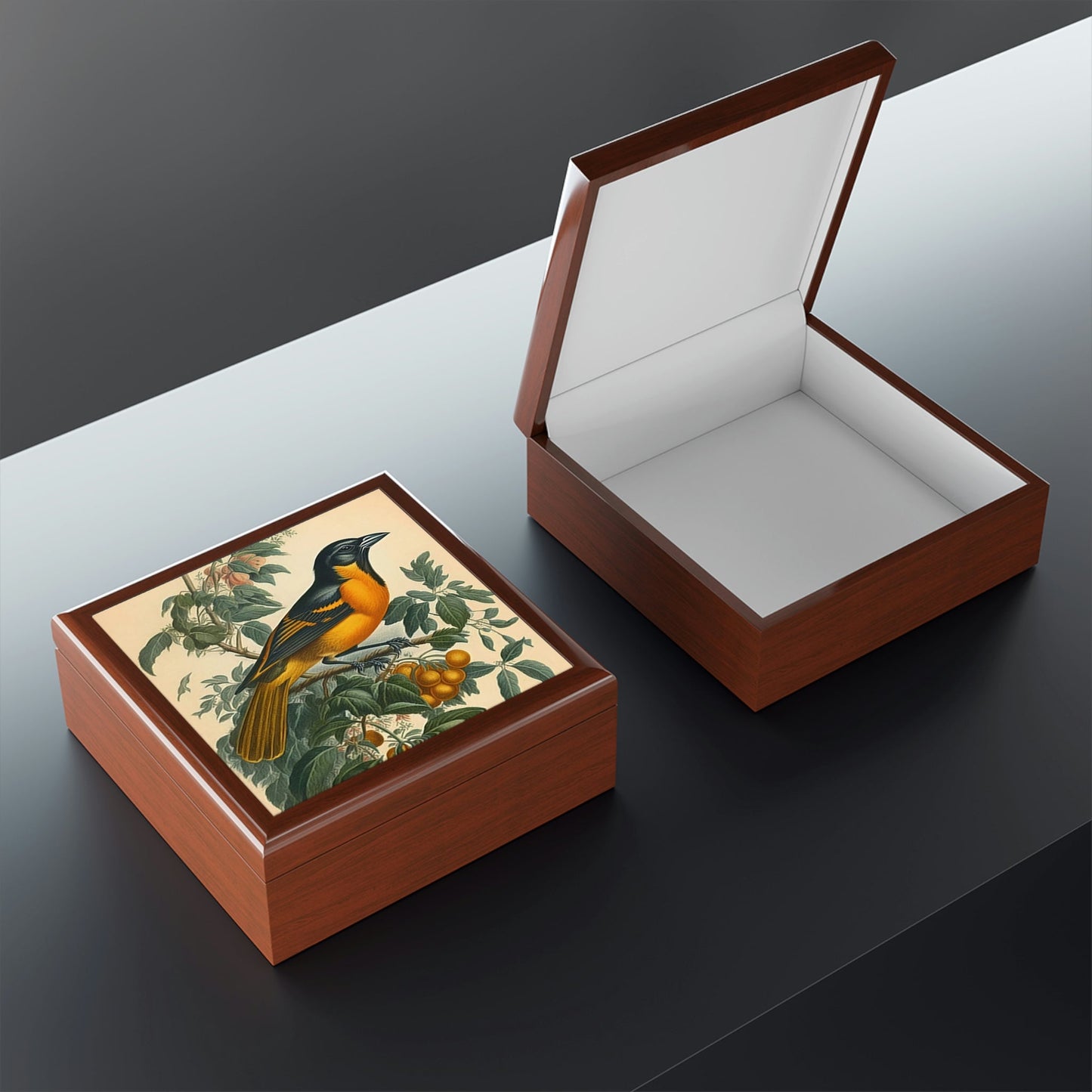Vintage Baltimore Oriole Wood Keepsake Jewelry Box with Ceramic Tile Cover