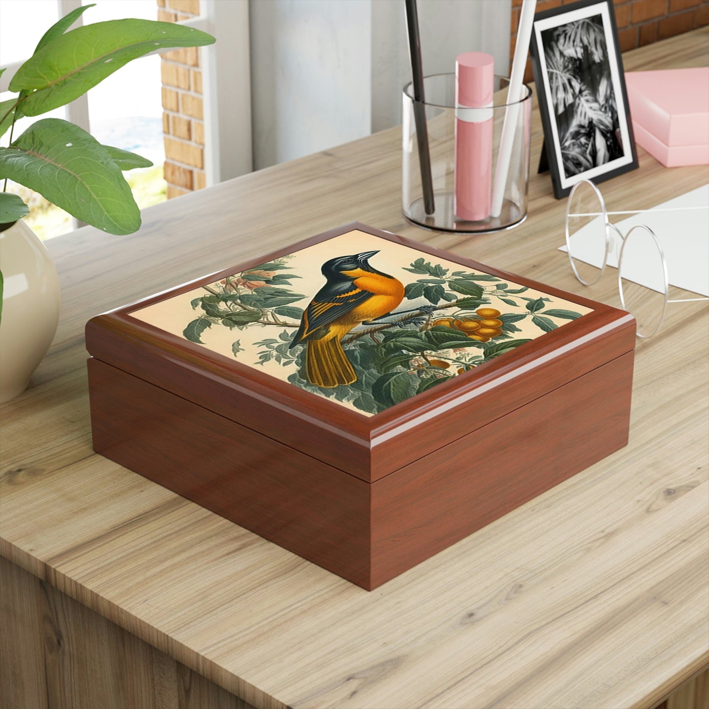 Vintage Baltimore Oriole Wood Keepsake Jewelry Box with Ceramic Tile Cover