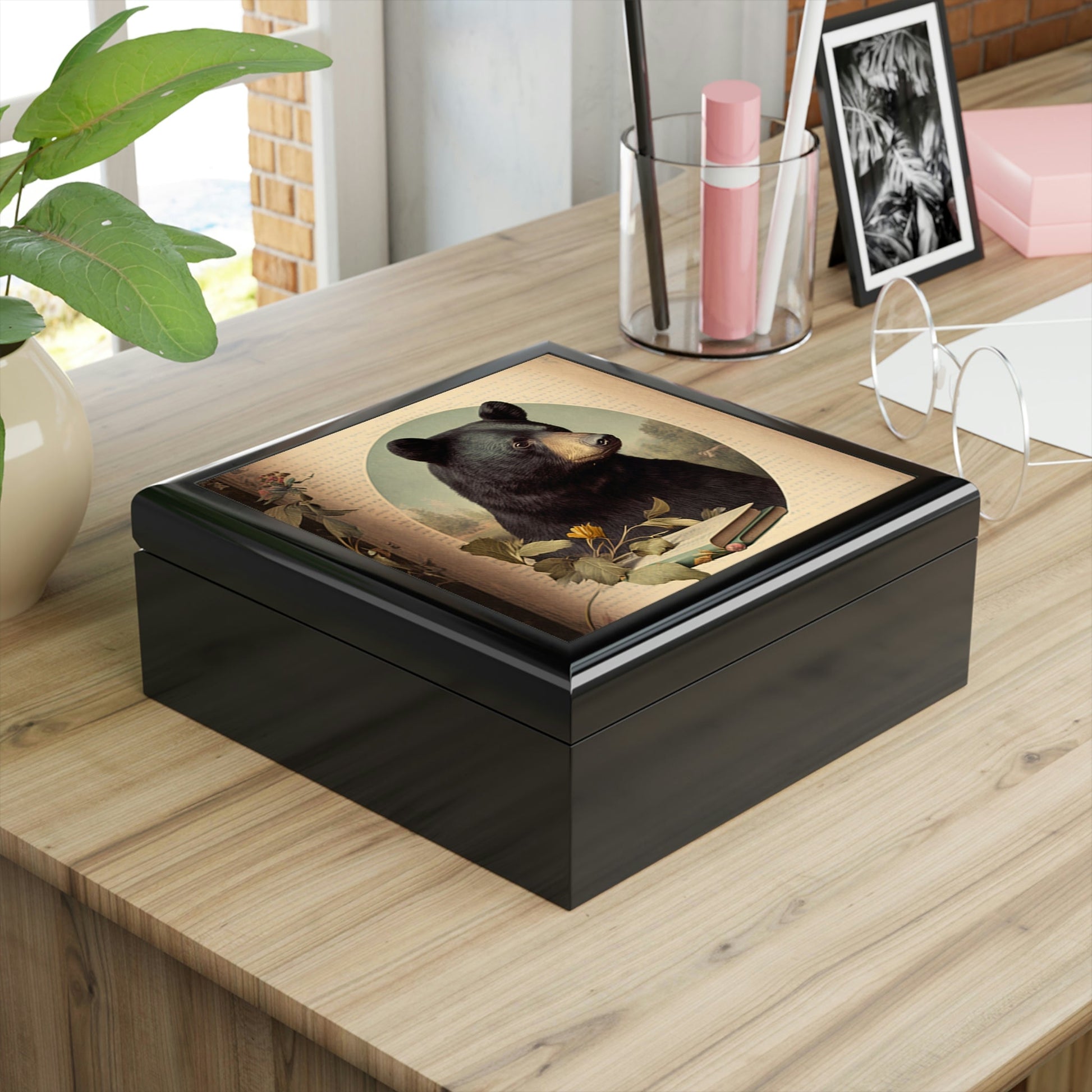 Vintage Black Bear Portrait Wooden Keepsake Jewelry Box