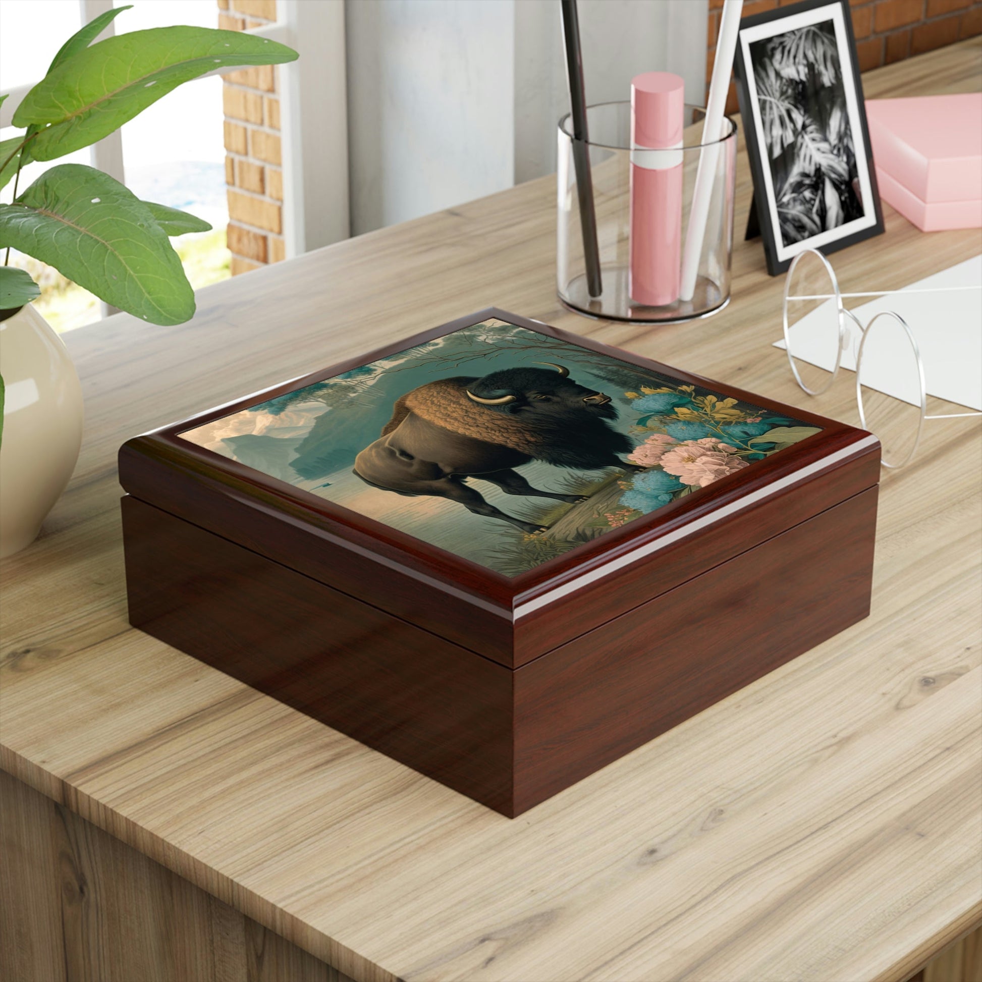 Vintage Buffalo Wooden Keepsake Jewelry Box