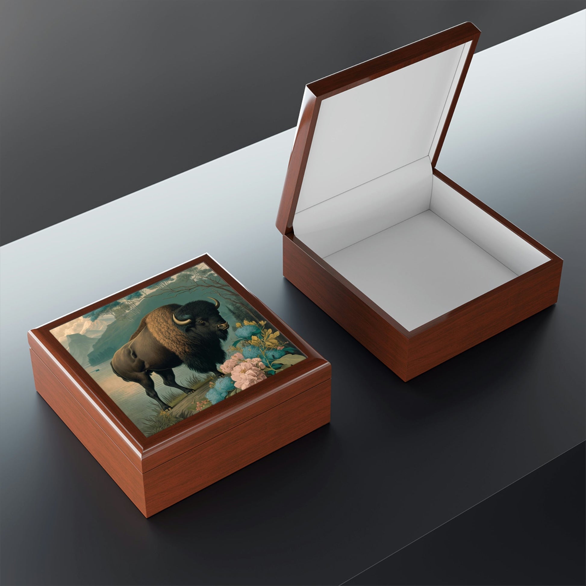 Vintage Buffalo Wooden Keepsake Jewelry Box