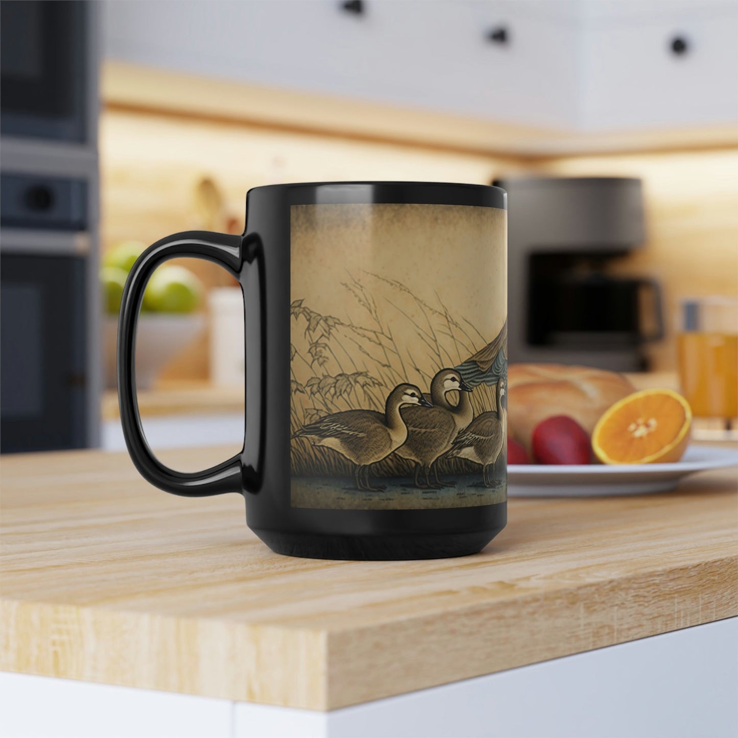 Vintage Canadian Geese Family - Goose and Gosslings - Black 15 oz Blck Coffee Mug