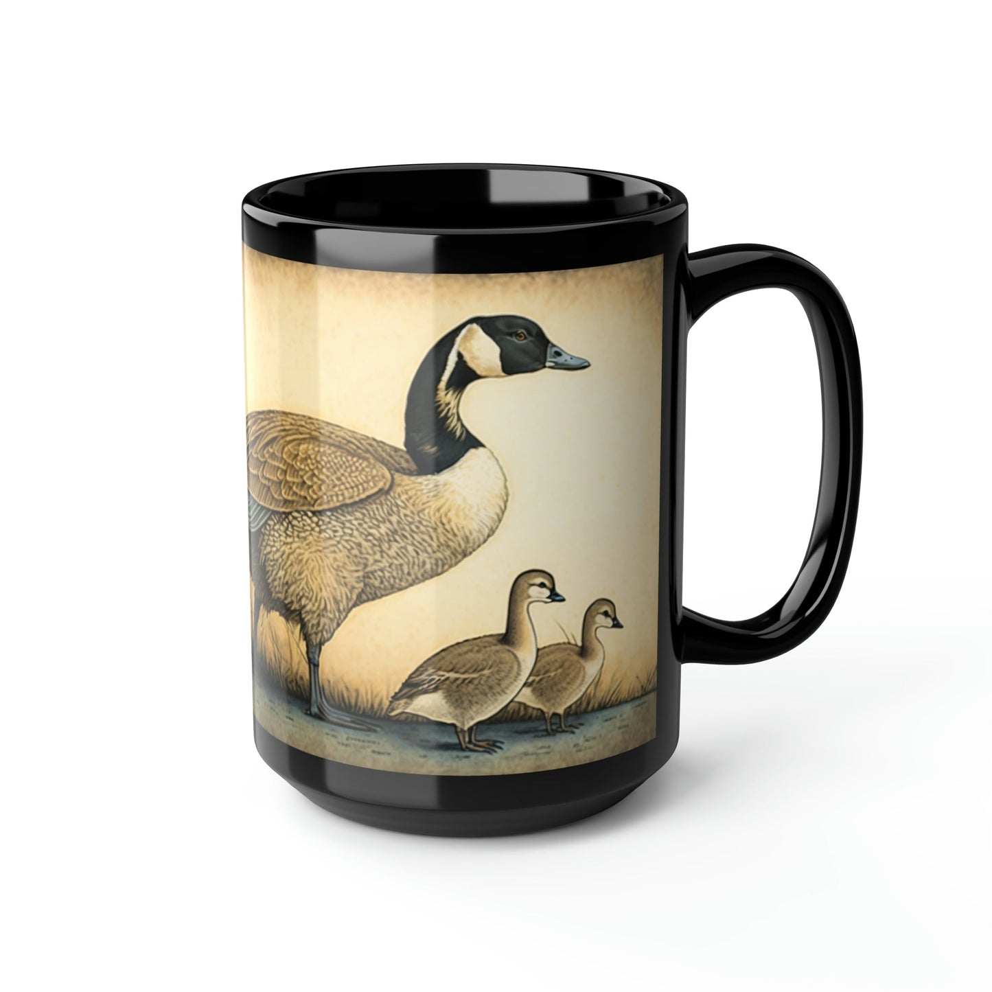 Vintage Canadian Geese Family - Goose and Gosslings - Black 15 oz Blck Coffee Mug