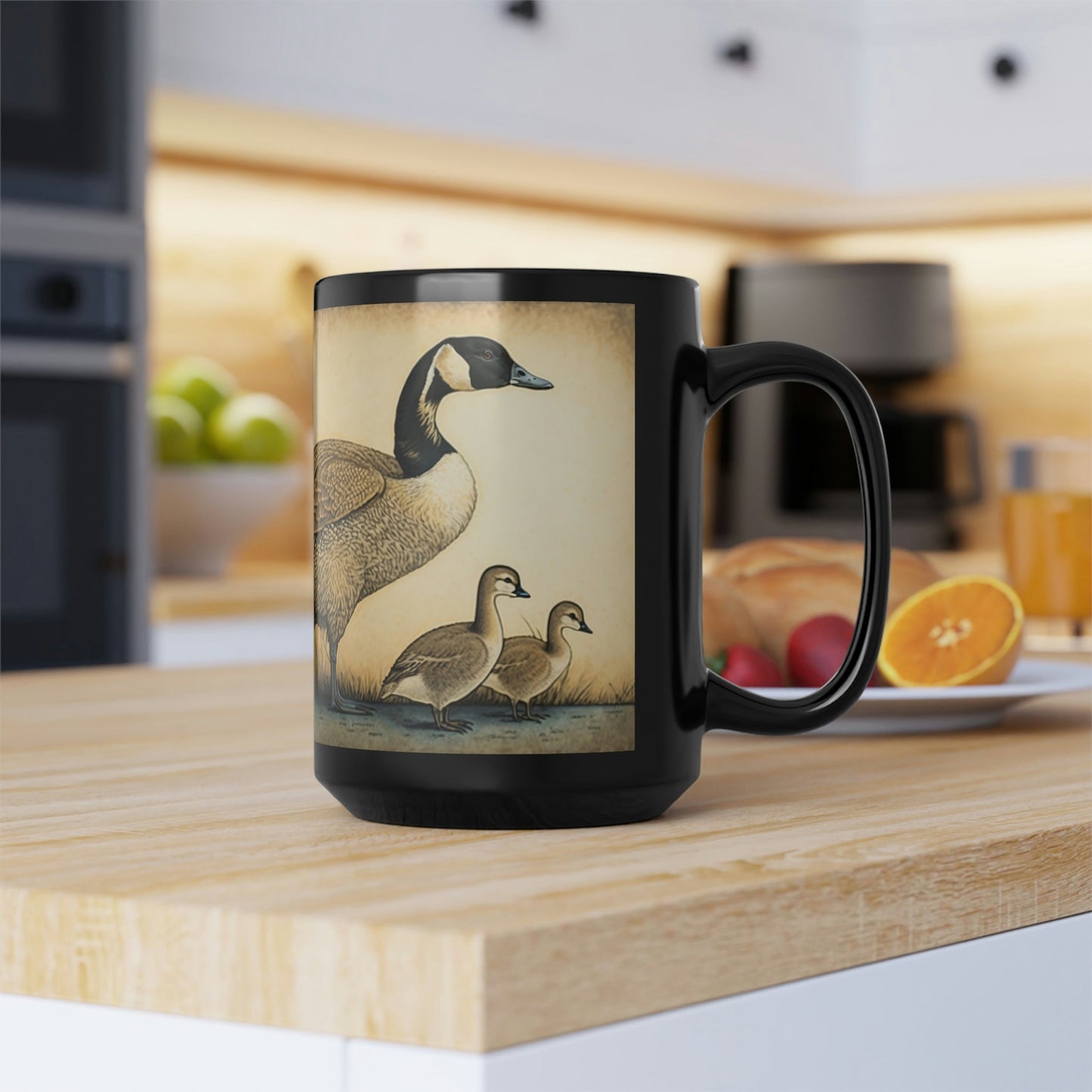 Vintage Canadian Geese Family - Goose and Gosslings - Black 15 oz Blck Coffee Mug
