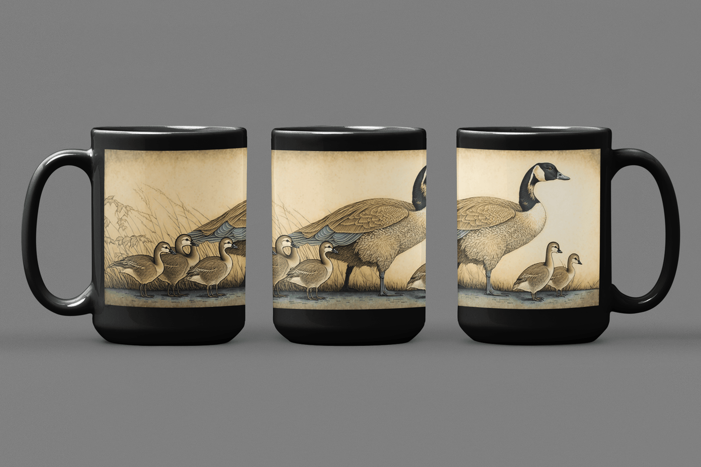 Vintage Canadian Geese Family - Goose and Gosslings - Black 15 oz Blck Coffee Mug