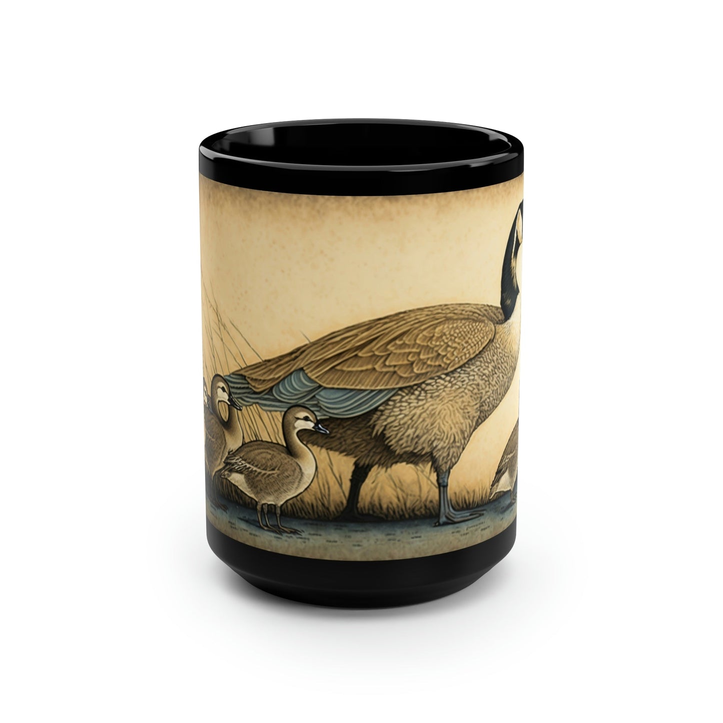 Vintage Canadian Geese Family - Goose and Gosslings - Black 15 oz Blck Coffee Mug