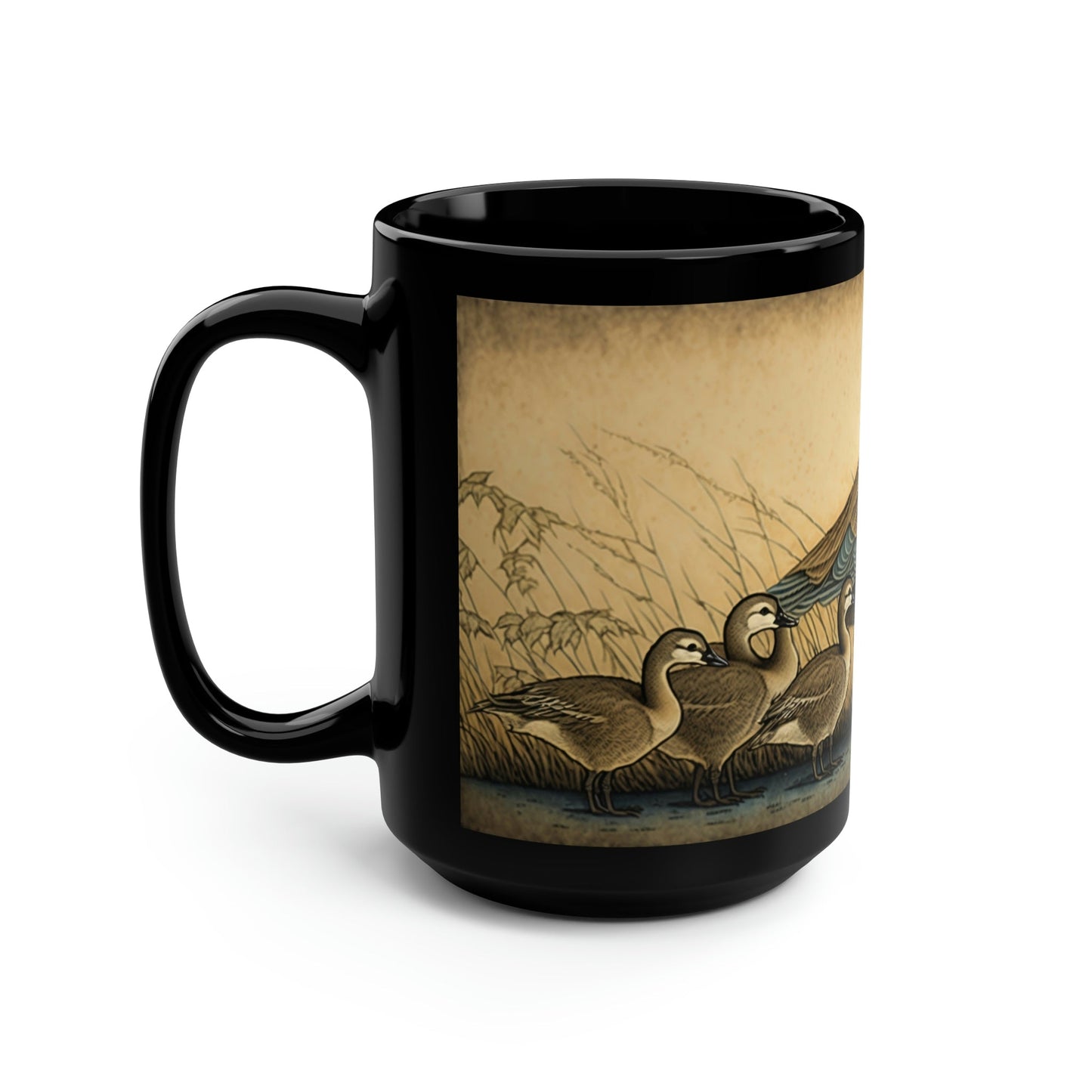 Vintage Canadian Geese Family - Goose and Gosslings - Black 15 oz Blck Coffee Mug