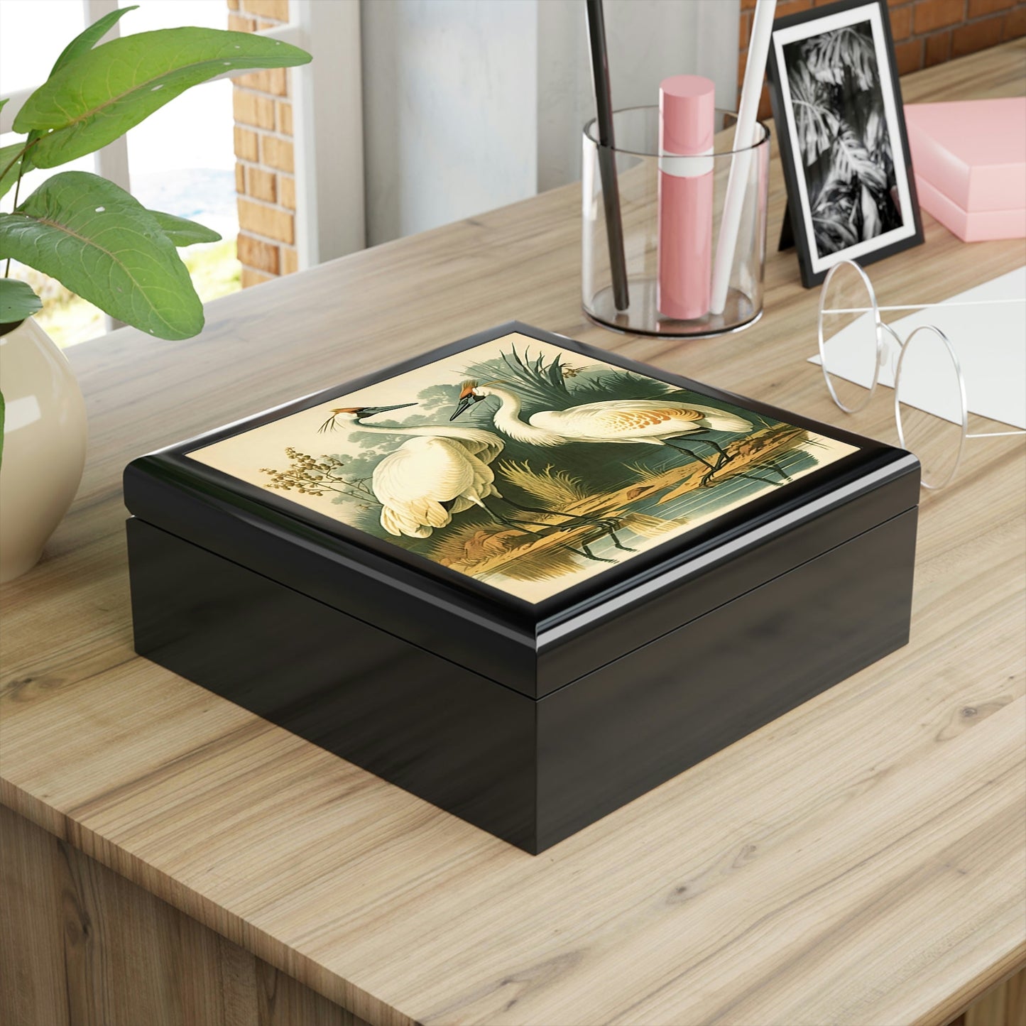 Vintage Cranes Wooden Keepsake Jewelry Box