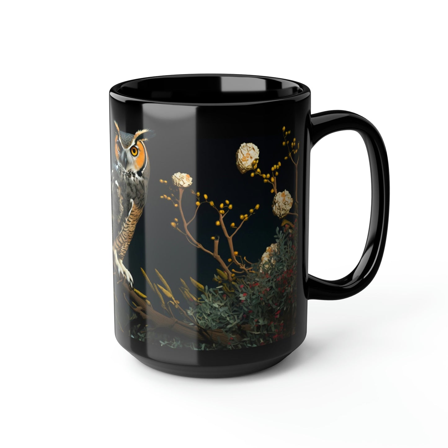 Vintage Great Horned Owl Print - Black 15 oz Blck Coffee Mug