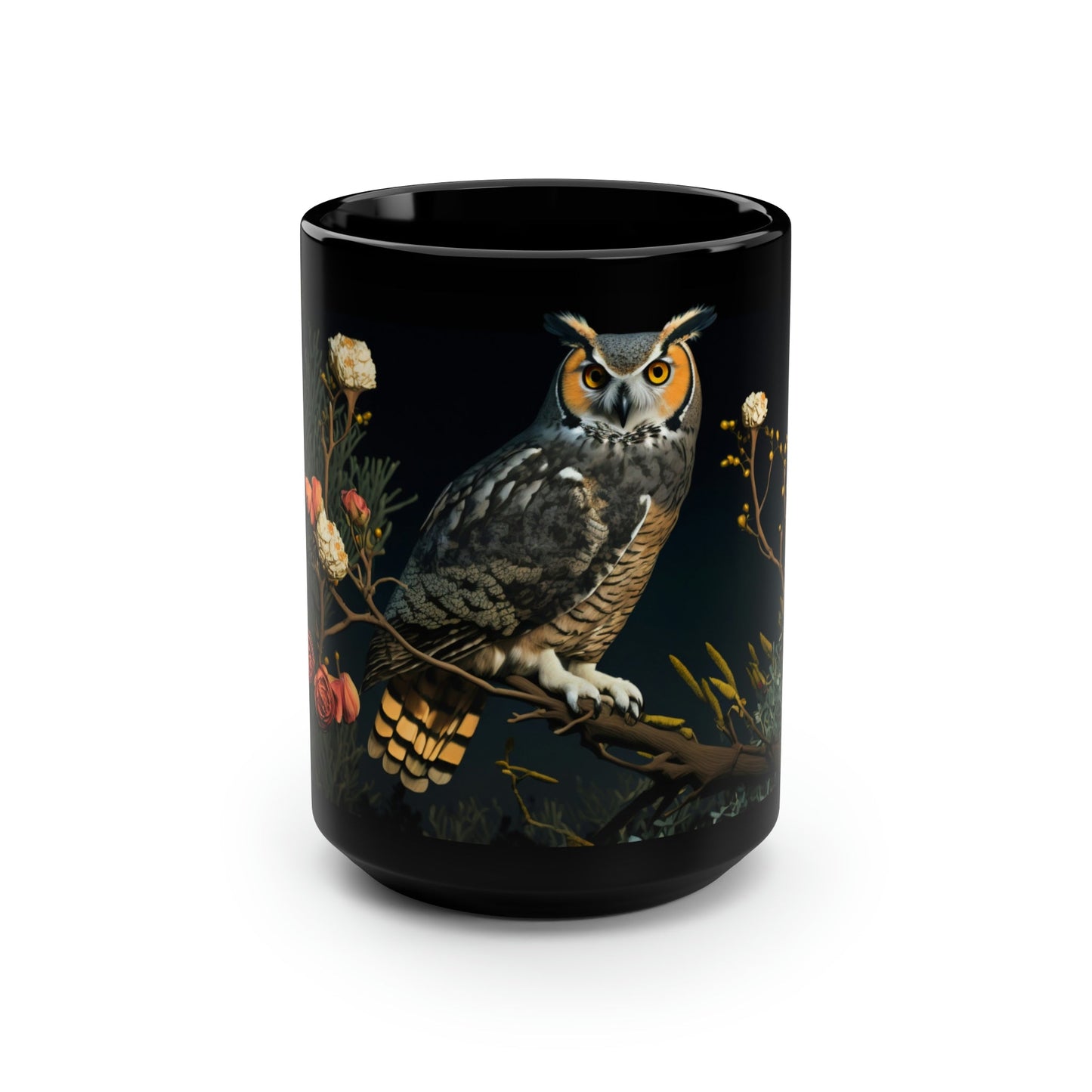 Vintage Great Horned Owl Print - Black 15 oz Blck Coffee Mug
