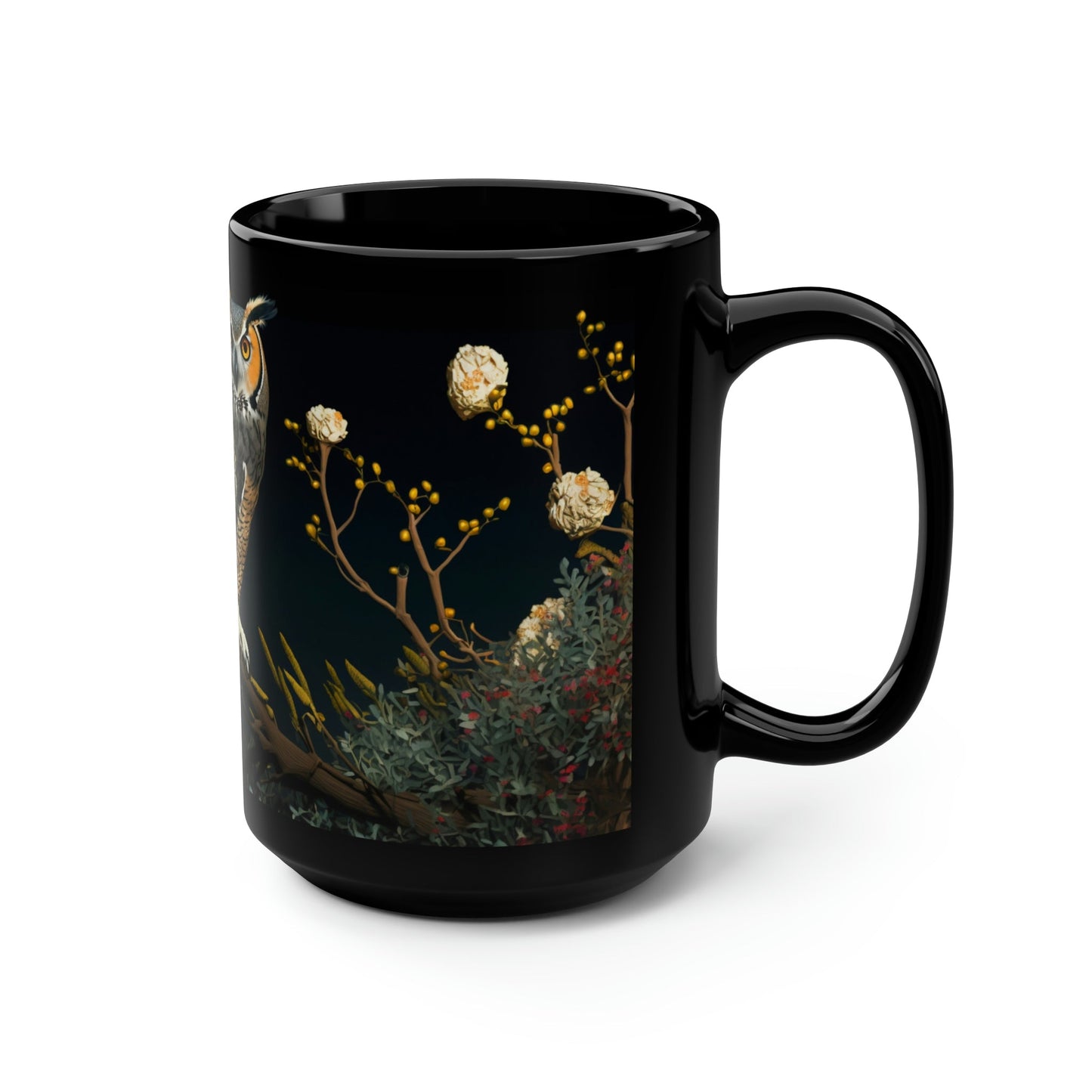 Vintage Great Horned Owl Print - Black 15 oz Blck Coffee Mug