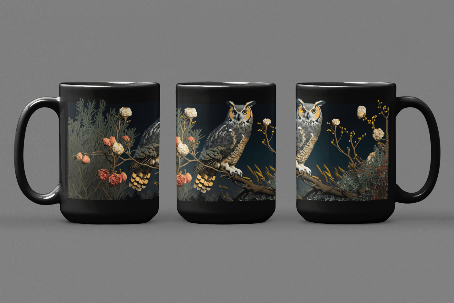 Vintage Great Horned Owl Print - Black 15 oz Blck Coffee Mug