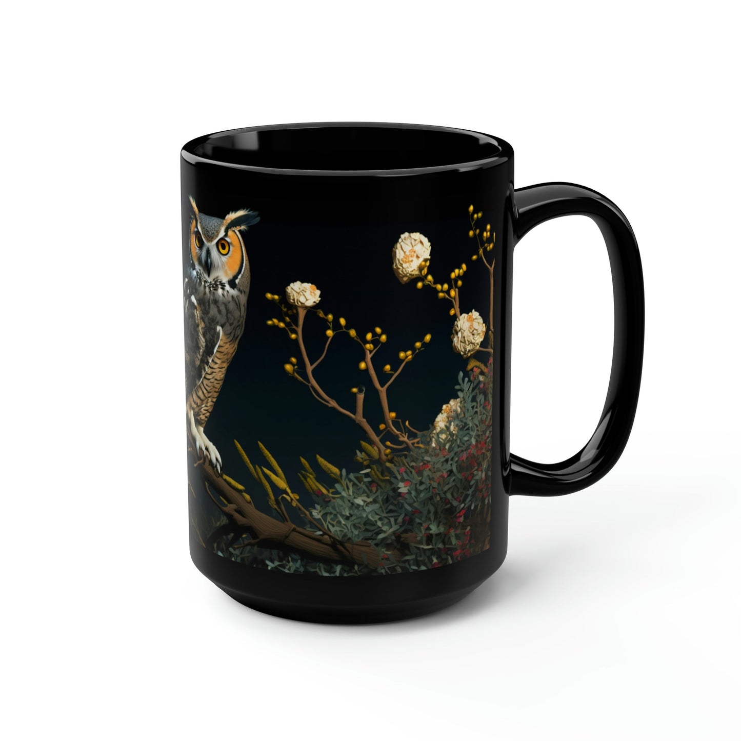 Vintage Great Horned Owl Print - Black 15 oz Blck Coffee Mug