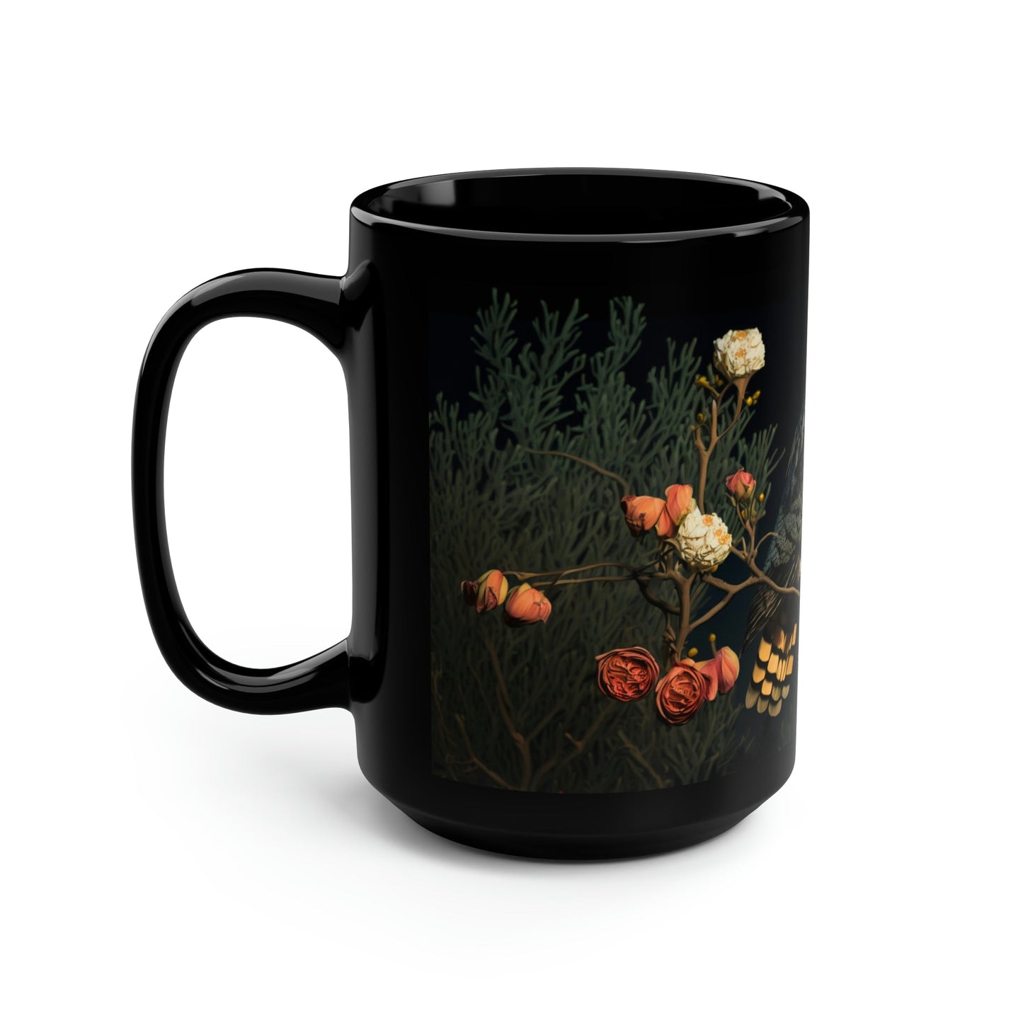 Vintage Great Horned Owl Print - Black 15 oz Blck Coffee Mug