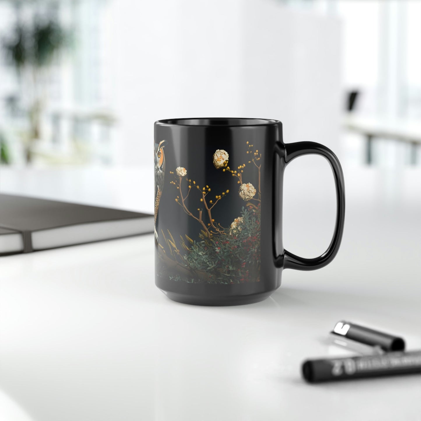 Vintage Great Horned Owl Print - Black 15 oz Blck Coffee Mug