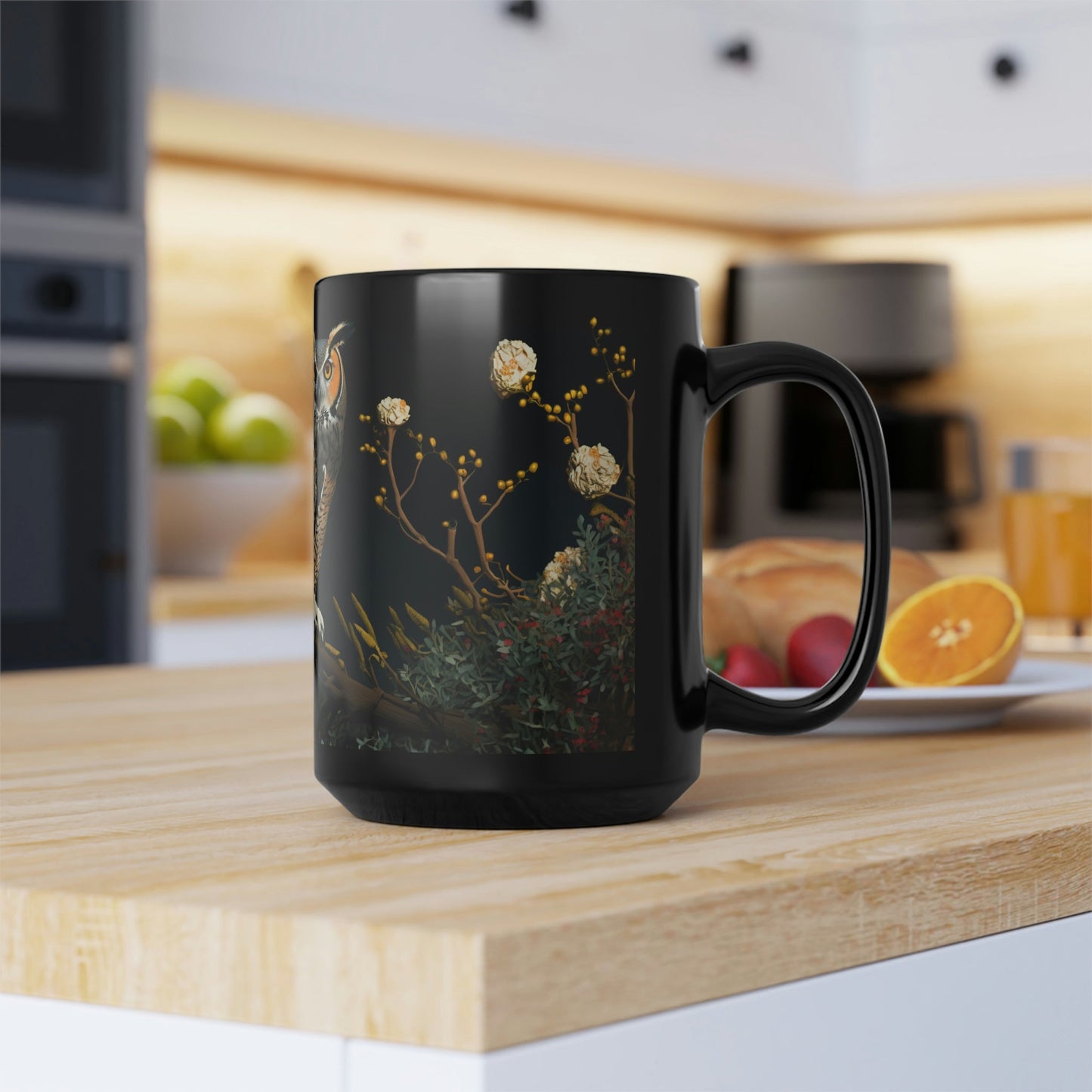 Vintage Great Horned Owl Print - Black 15 oz Blck Coffee Mug