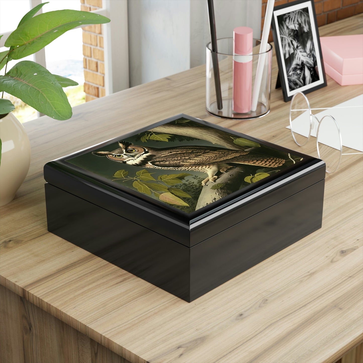 Vintage - Great Horned Owl - Wooden Keepsake Jewelry Box