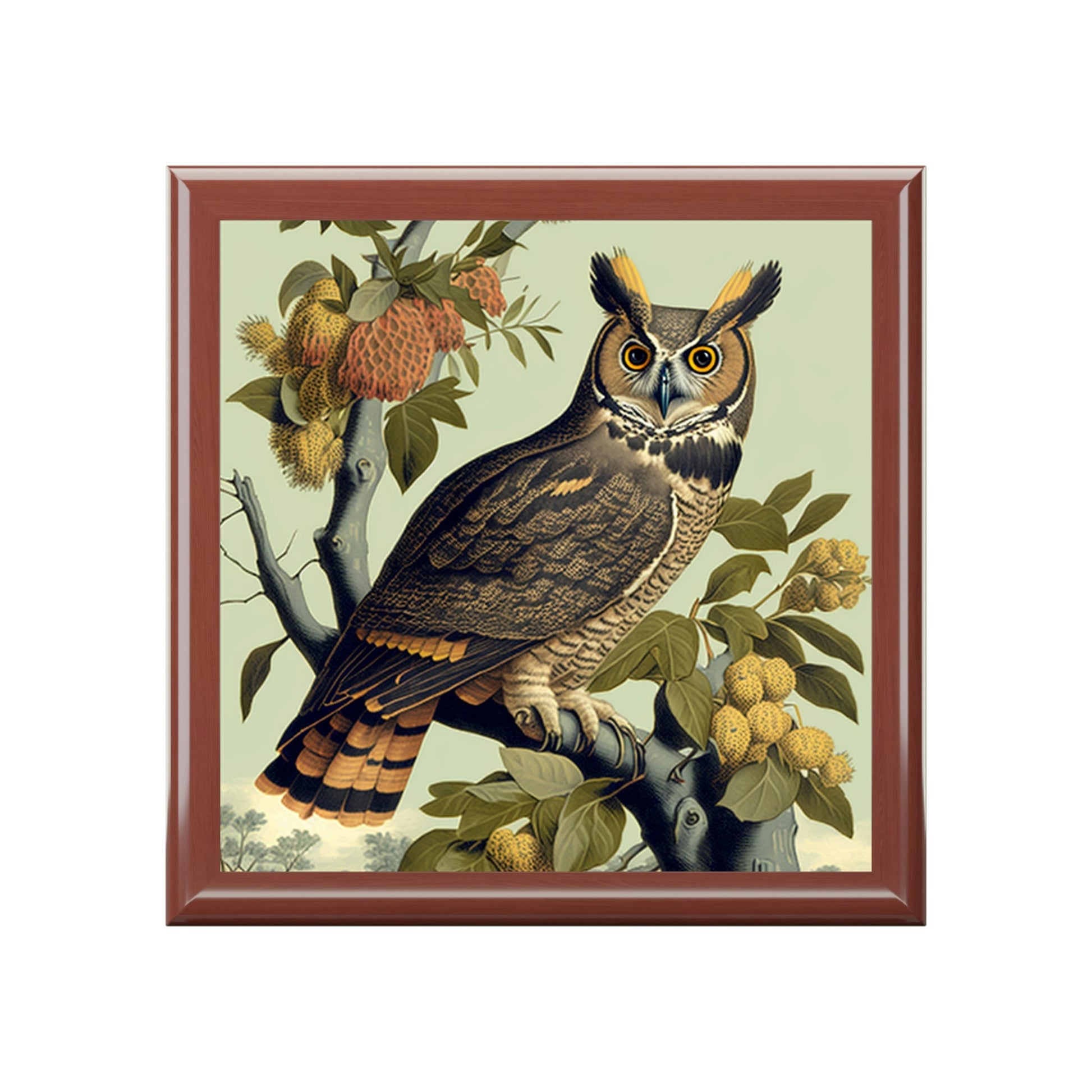 Vintage Great Horned Owl Wooden Keepsake Jewelry Box