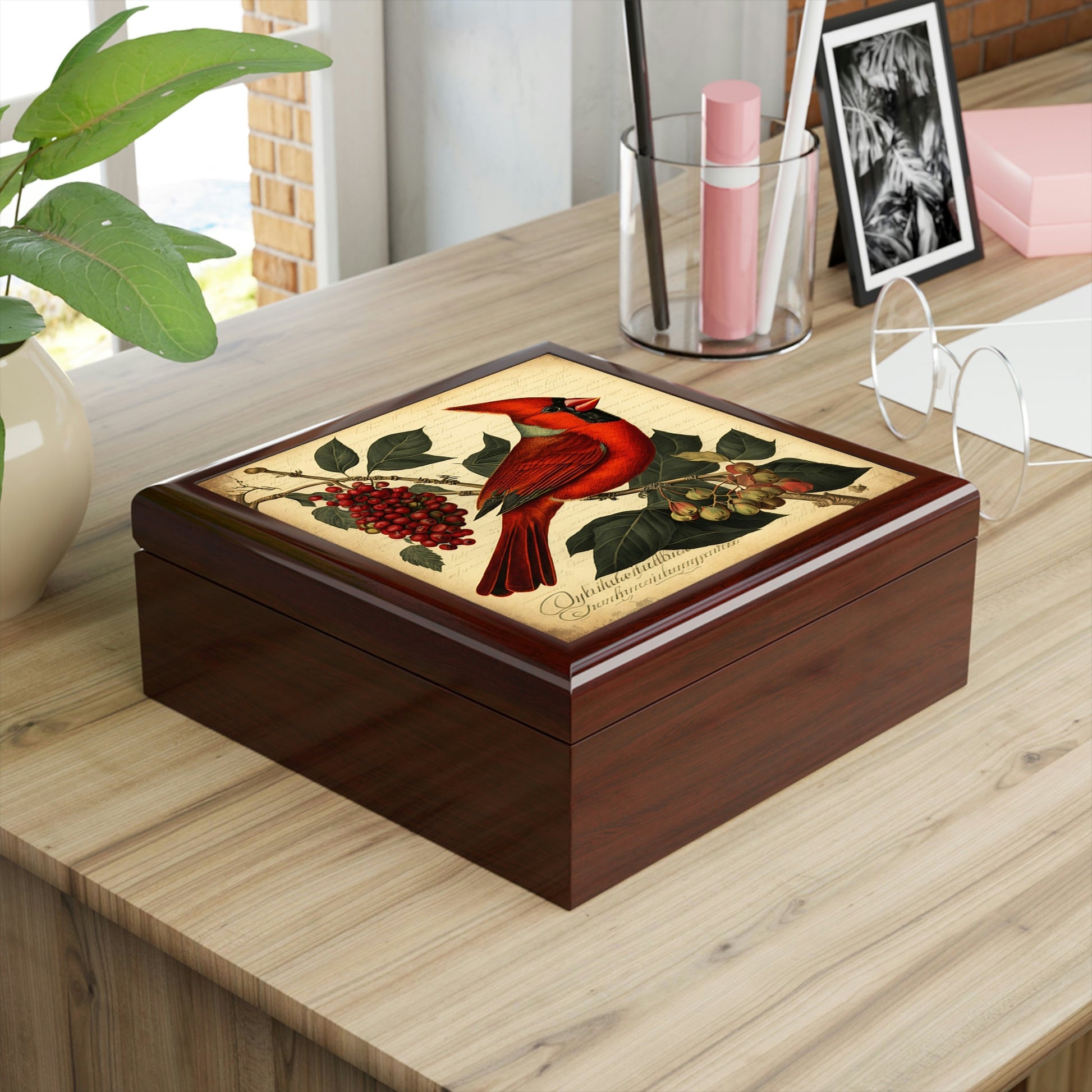 Vintage Male Cardinal Wooden Keepsake Jewelry Box