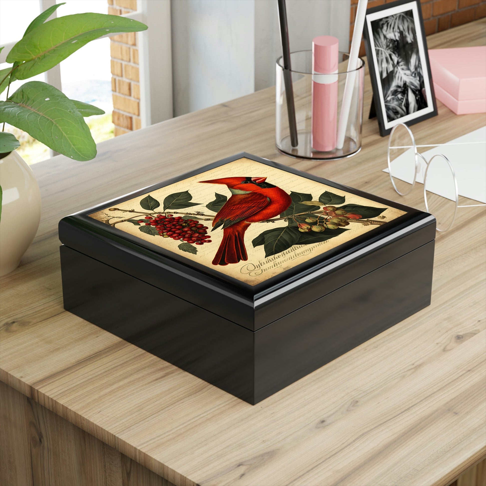 Vintage Male Cardinal Wooden Keepsake Jewelry Box