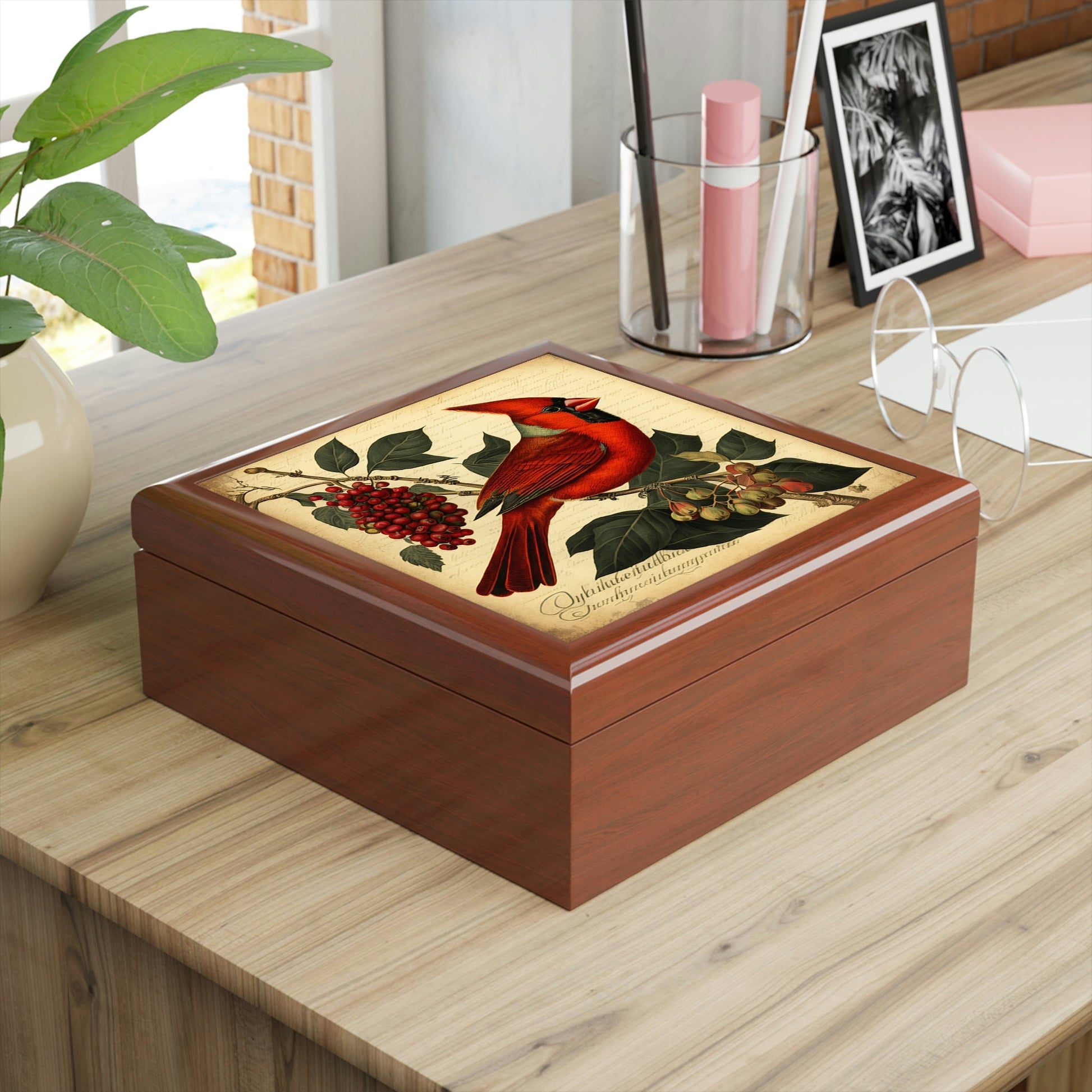 Vintage Male Cardinal Wooden Keepsake Jewelry Box