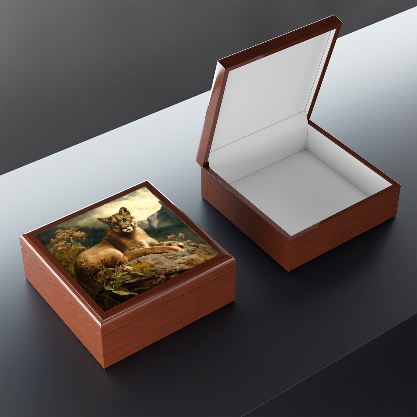 Vintage Nature Mountain Lion Art Print Jewelry Box