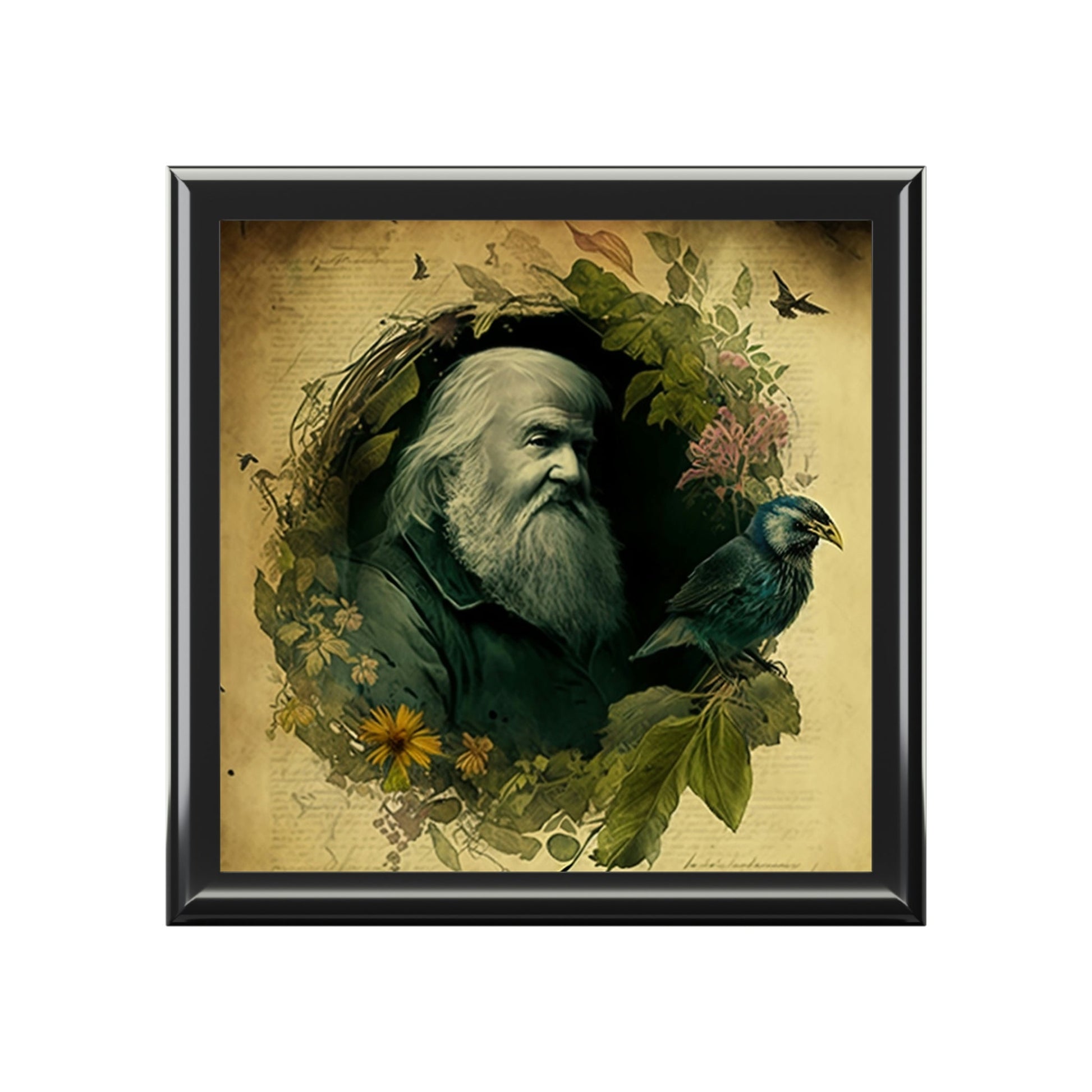 Vintage Old Man and Crow Wooden Keepsake Jewelry Box