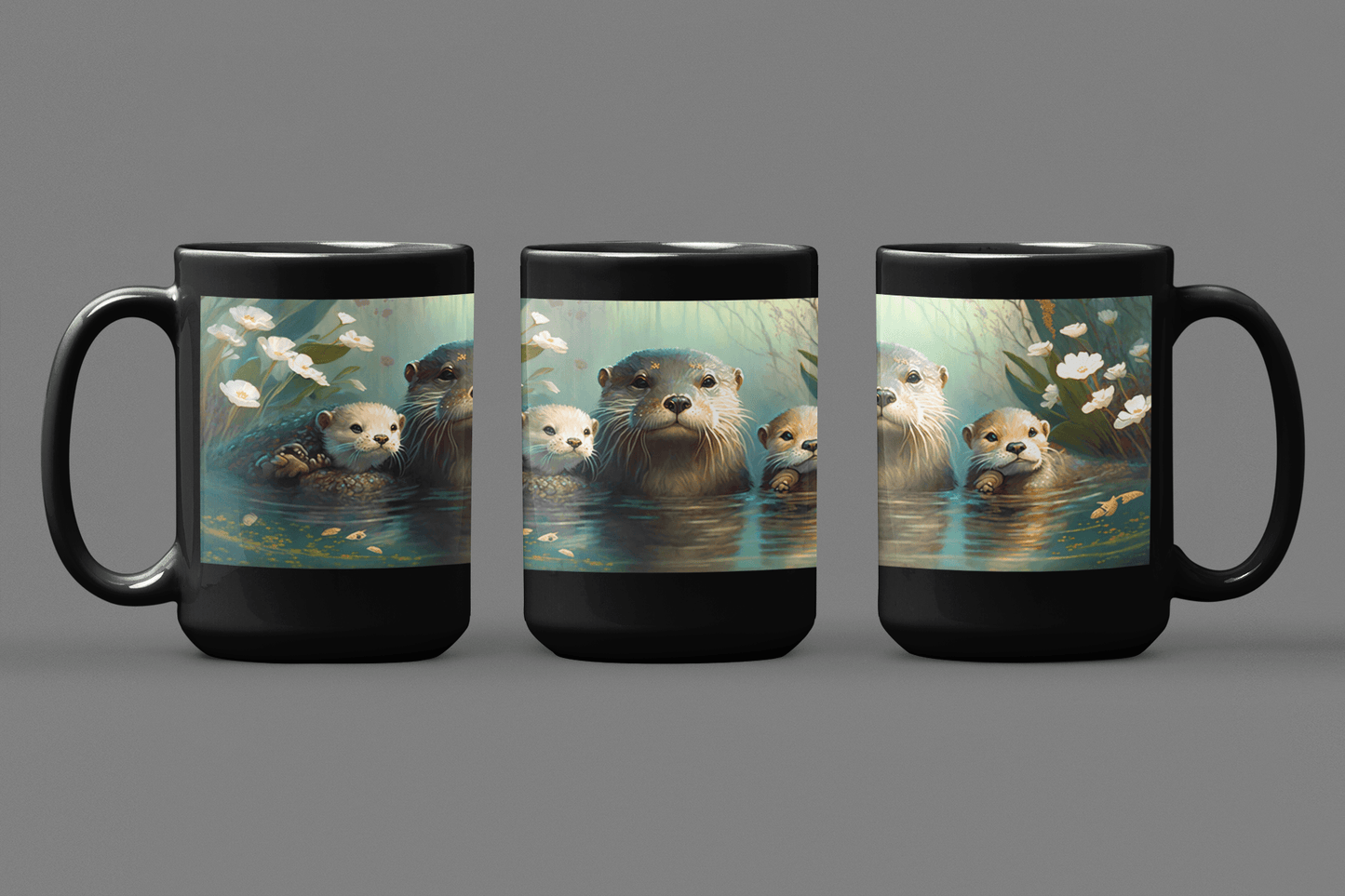 Vintage Otter Family - Black 15 oz Blck Coffee Mug