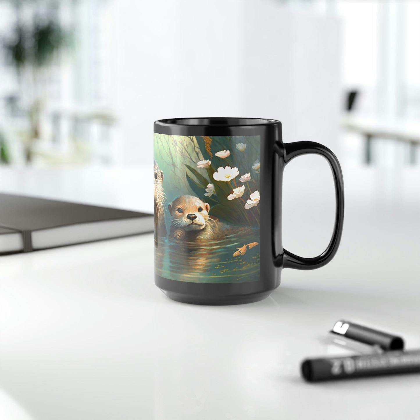 Vintage Otter Family - Black 15 oz Blck Coffee Mug