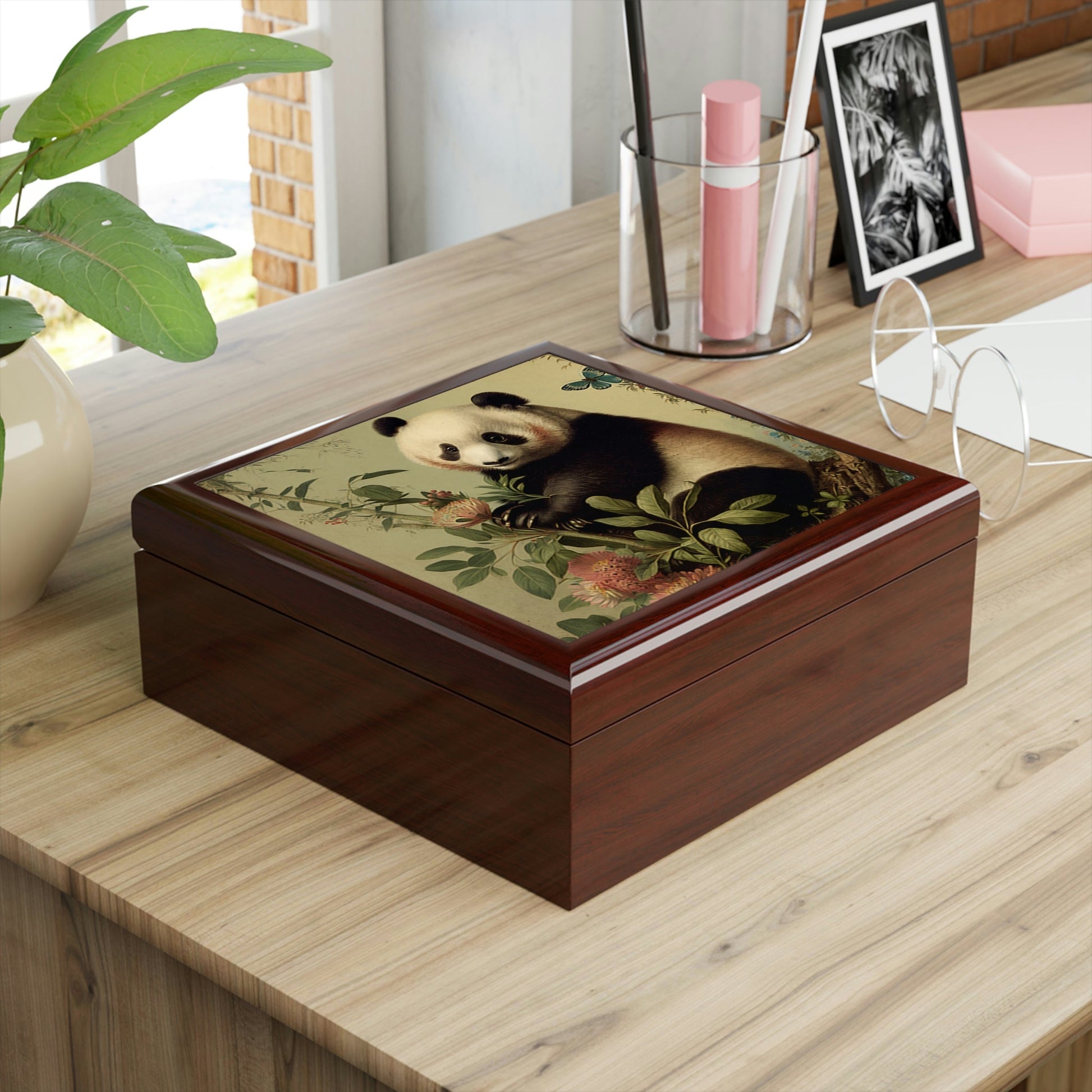 Vintage Panda Art Wooden Keepsake Jewelry Box