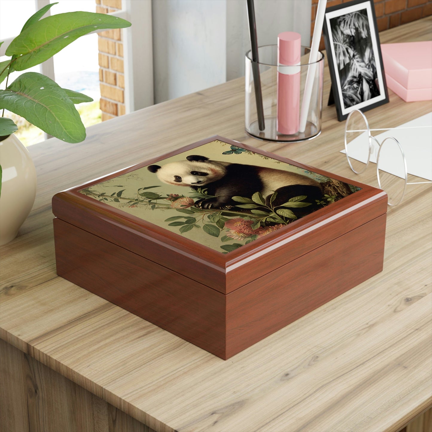 Vintage Panda Art Wooden Keepsake Jewelry Box