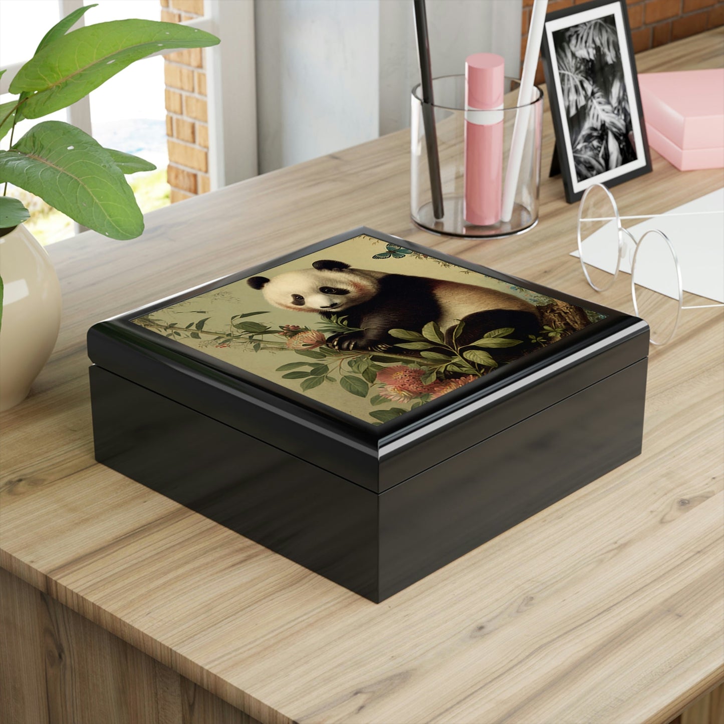 Vintage Panda Art Wooden Keepsake Jewelry Box