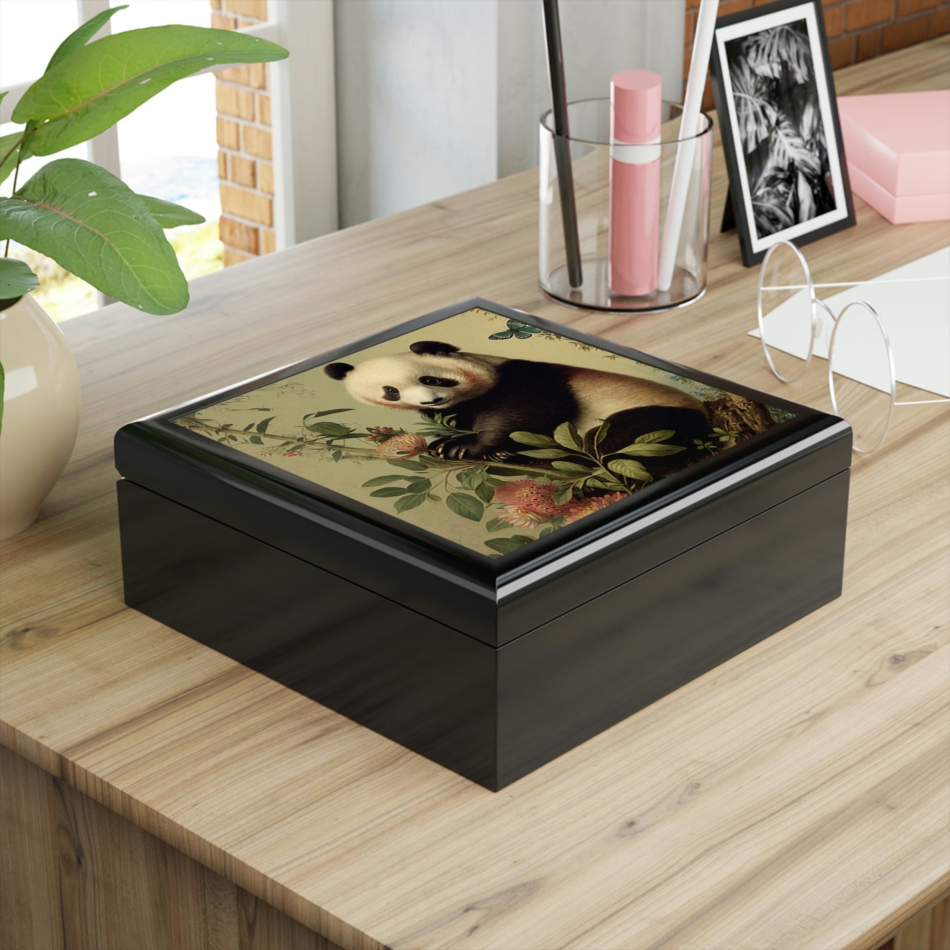 Vintage Panda Art Wooden Keepsake Jewelry Box
