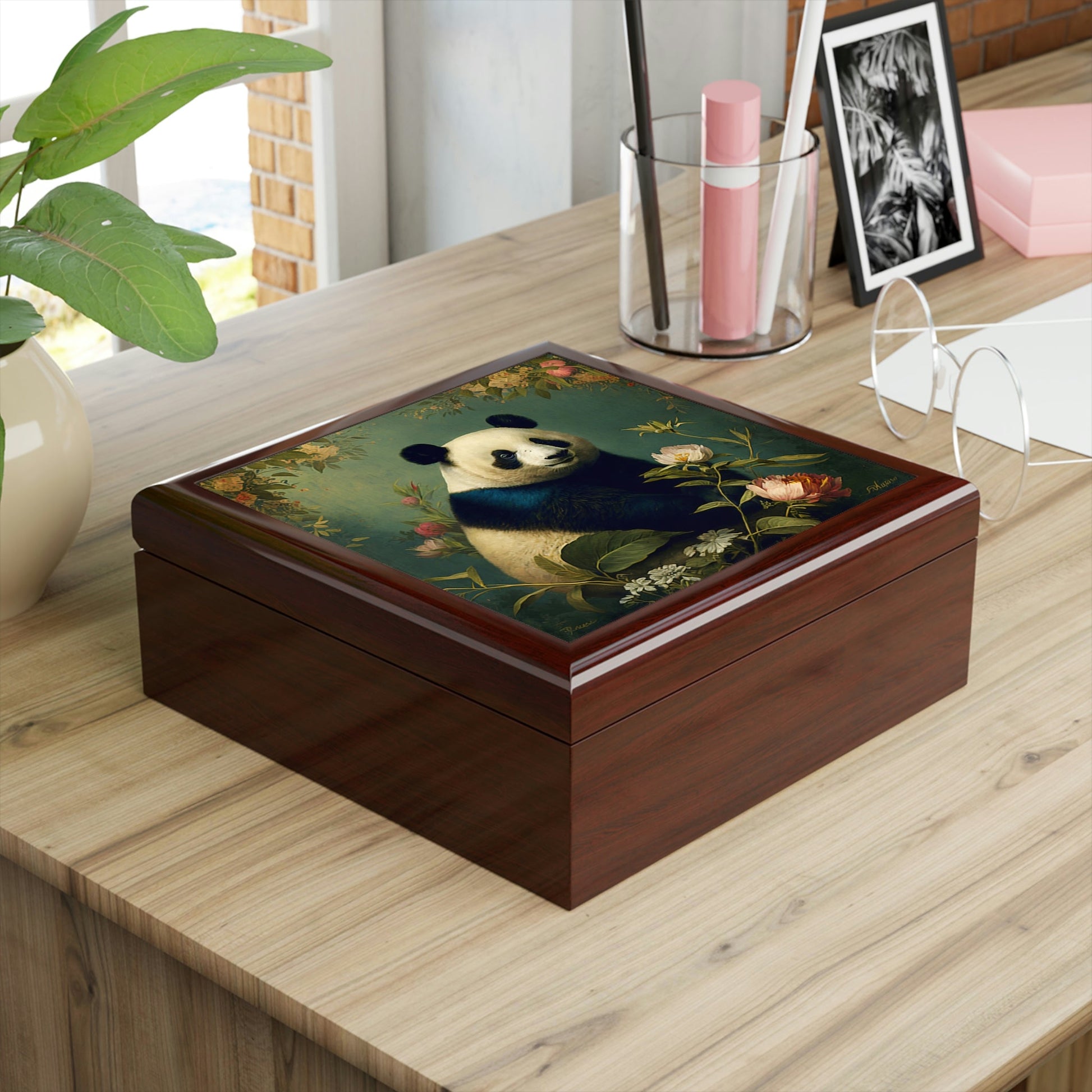 Vintage Panda Wooden Keepsake Jewelry Box