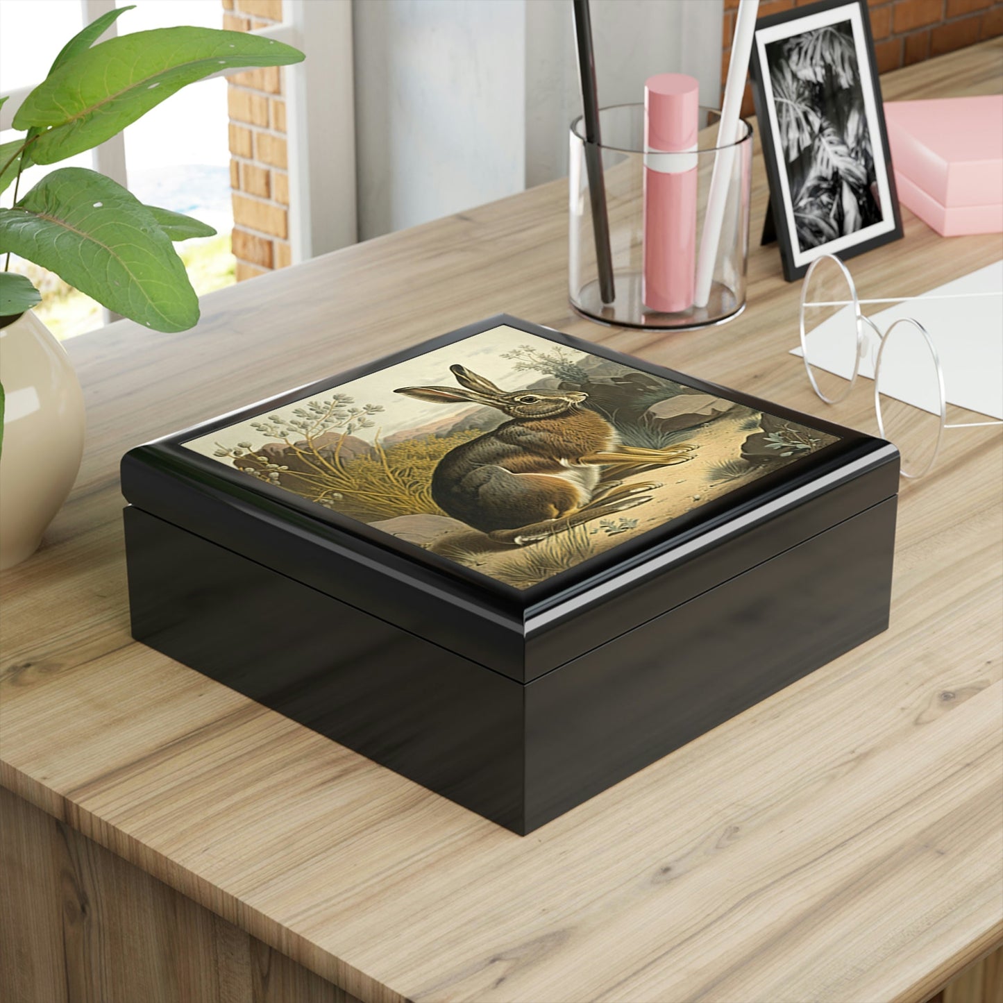 Vintage Rabbit Wooden Keepsake Jewelry Box with Ceramic Tile Cover