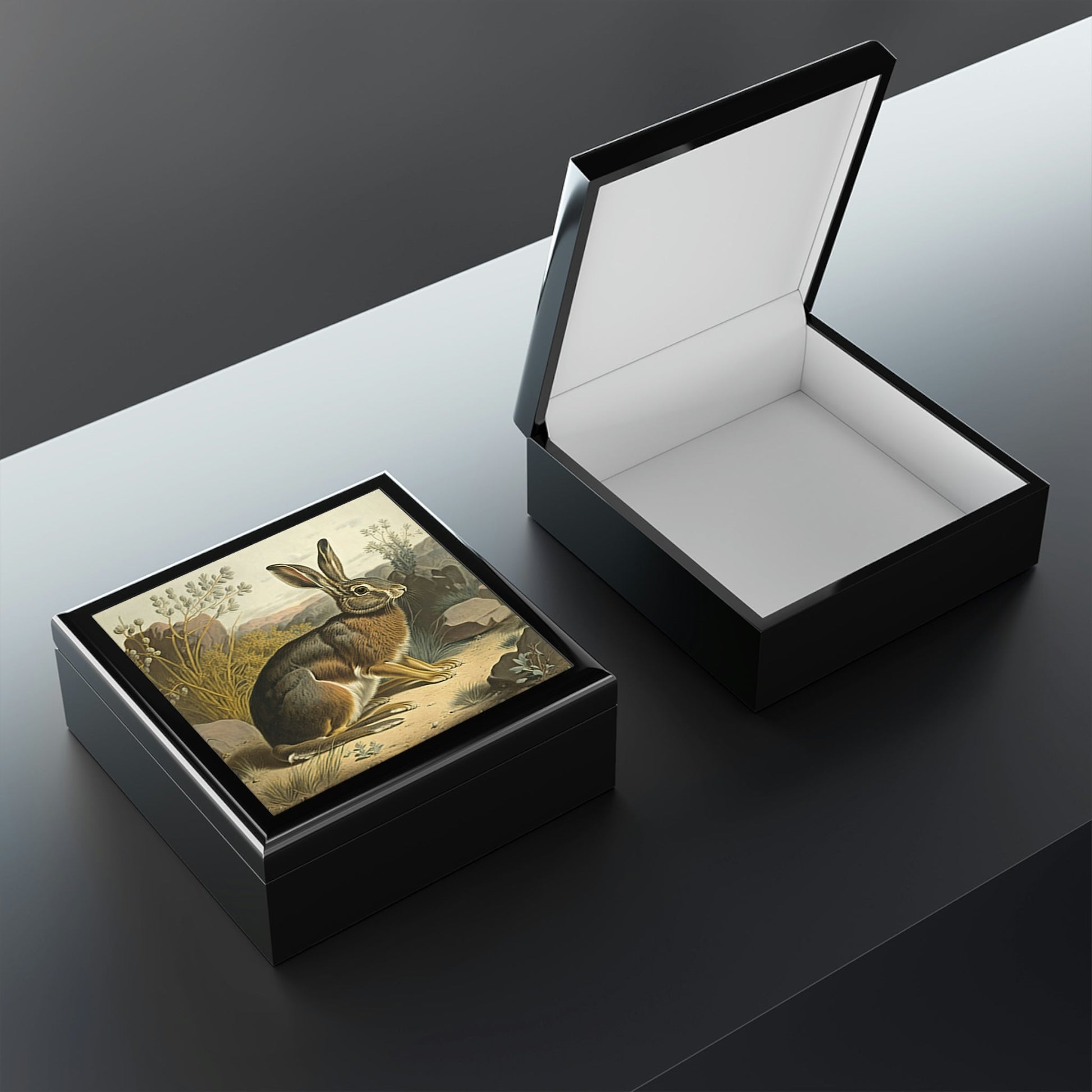 Vintage Rabbit Wooden Keepsake Jewelry Box with Ceramic Tile Cover