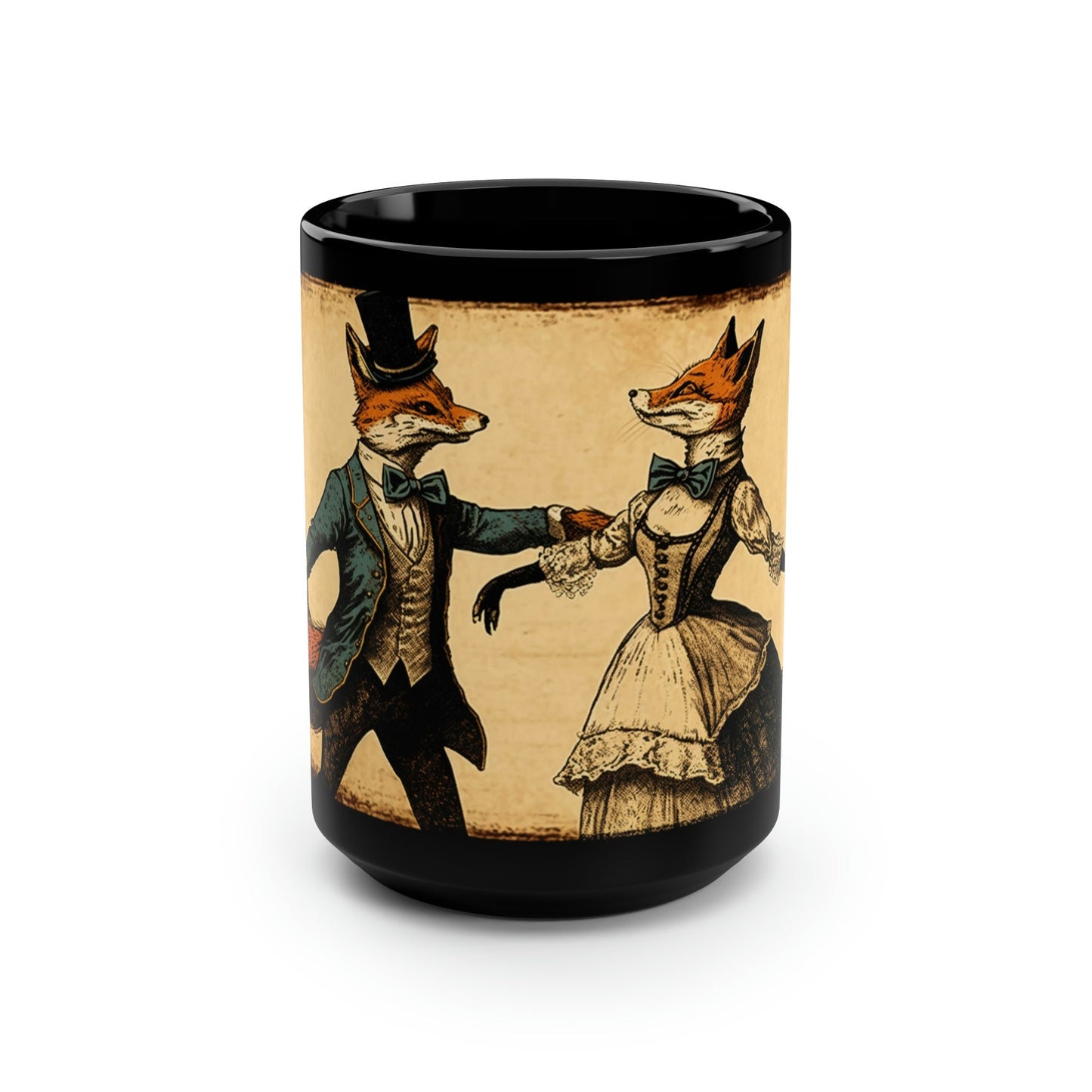 Vintage Red Fox Couple Dancing - Black 15 oz Blck Coffee Mug